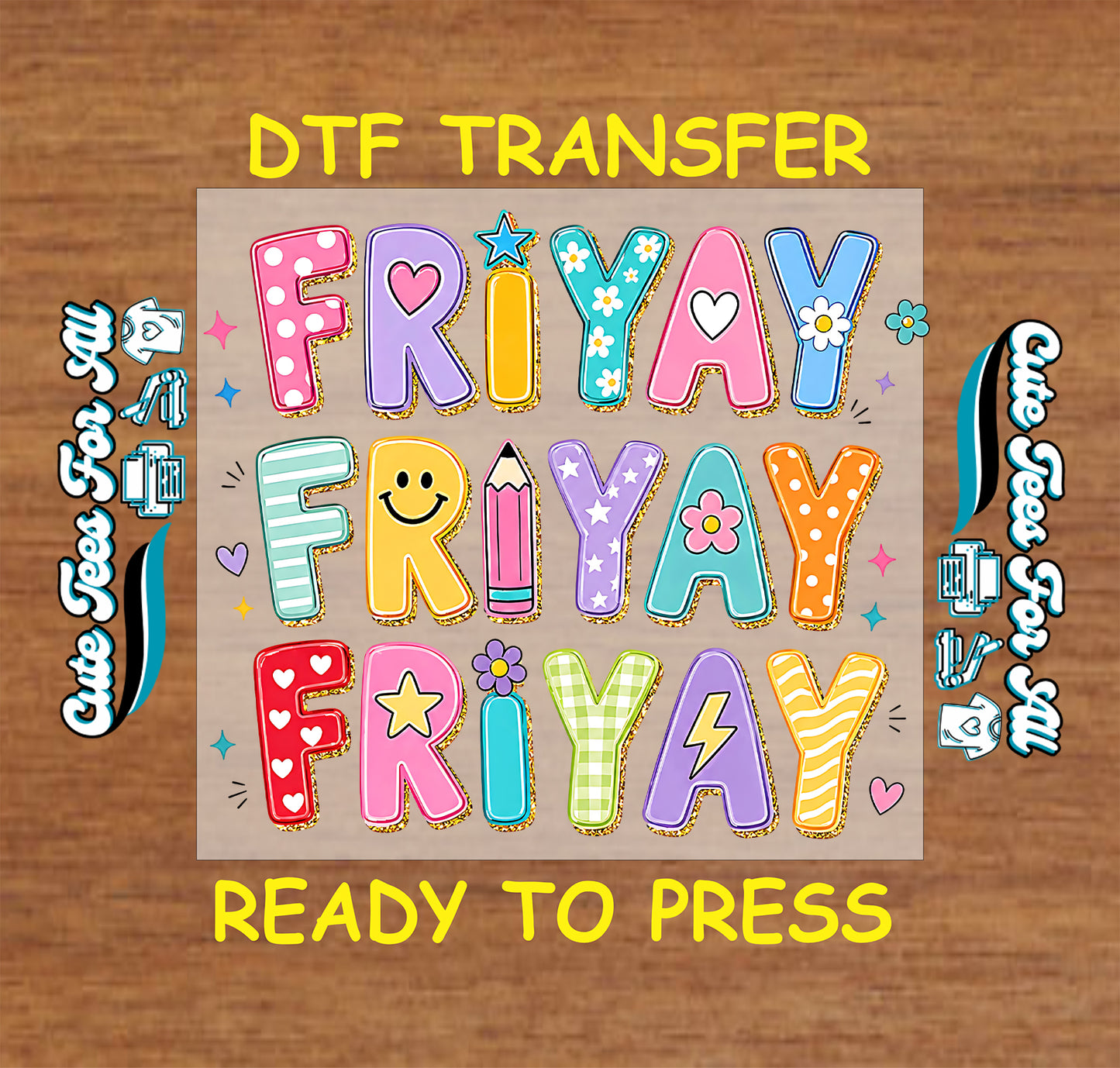 Colorful 'FRIYAY' text design with decorative elements on a wooden background