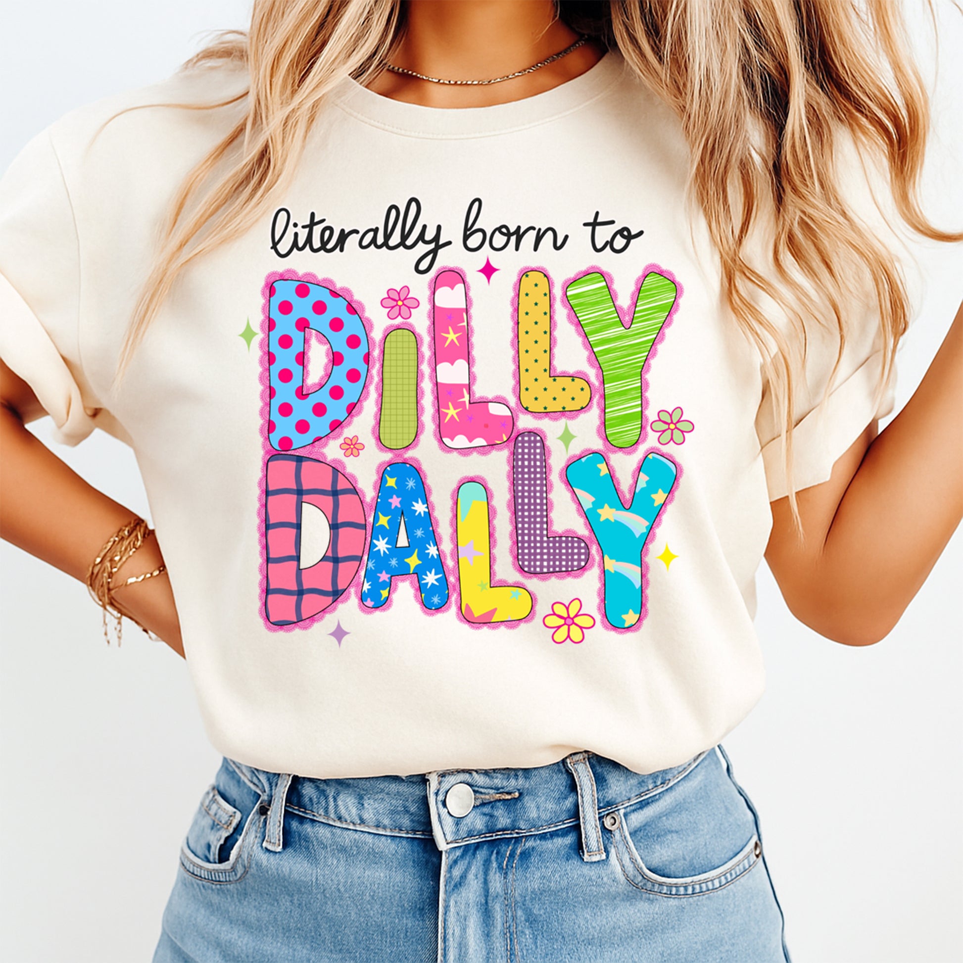 Person wearing a t-shirt with 'Dilly Dally' design and text.