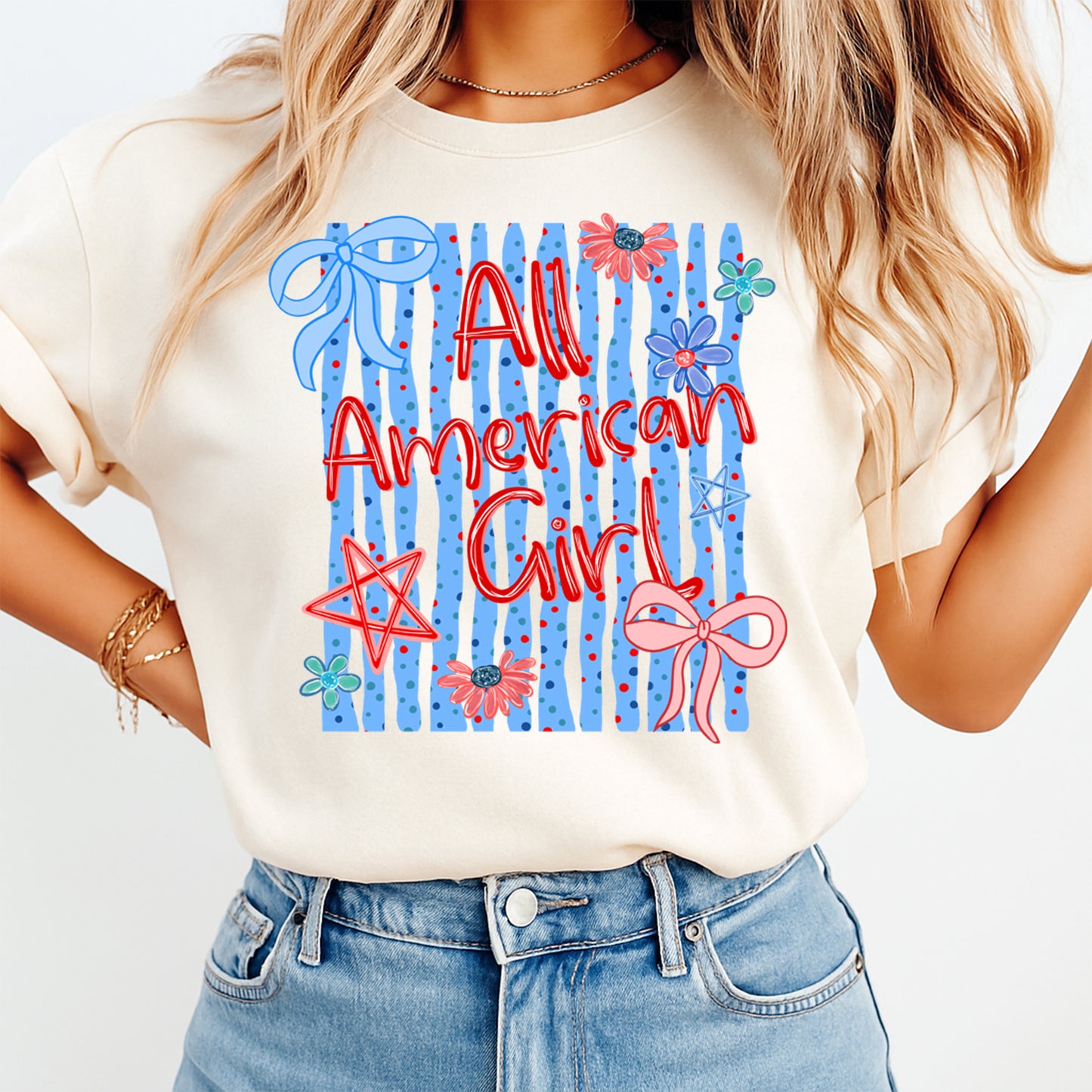 Person wearing a white t-shirt with 'All American Girl' design on a plain background