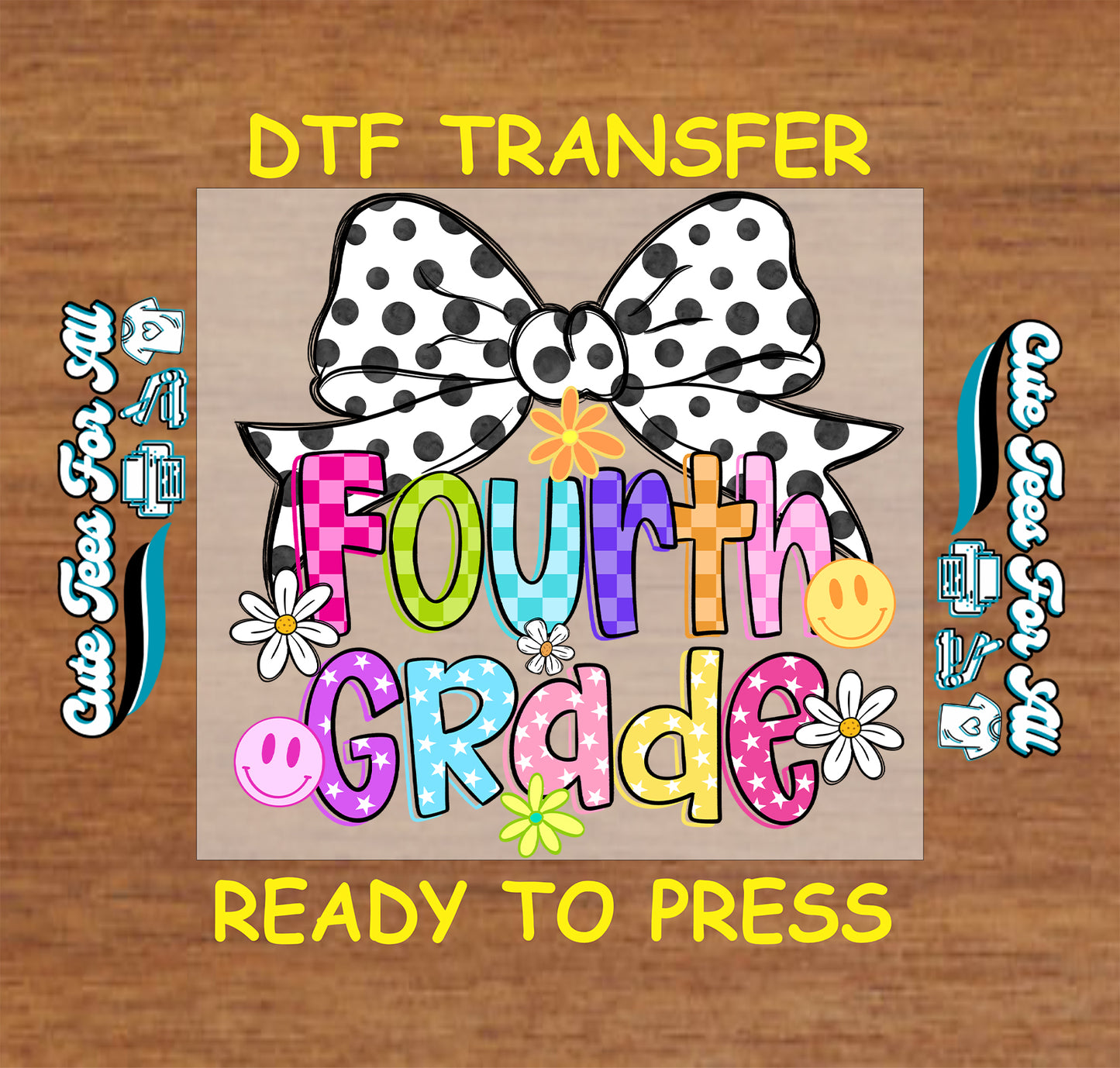 Colorful 'Fourth Grade' design with a polka dot bow on a wooden background