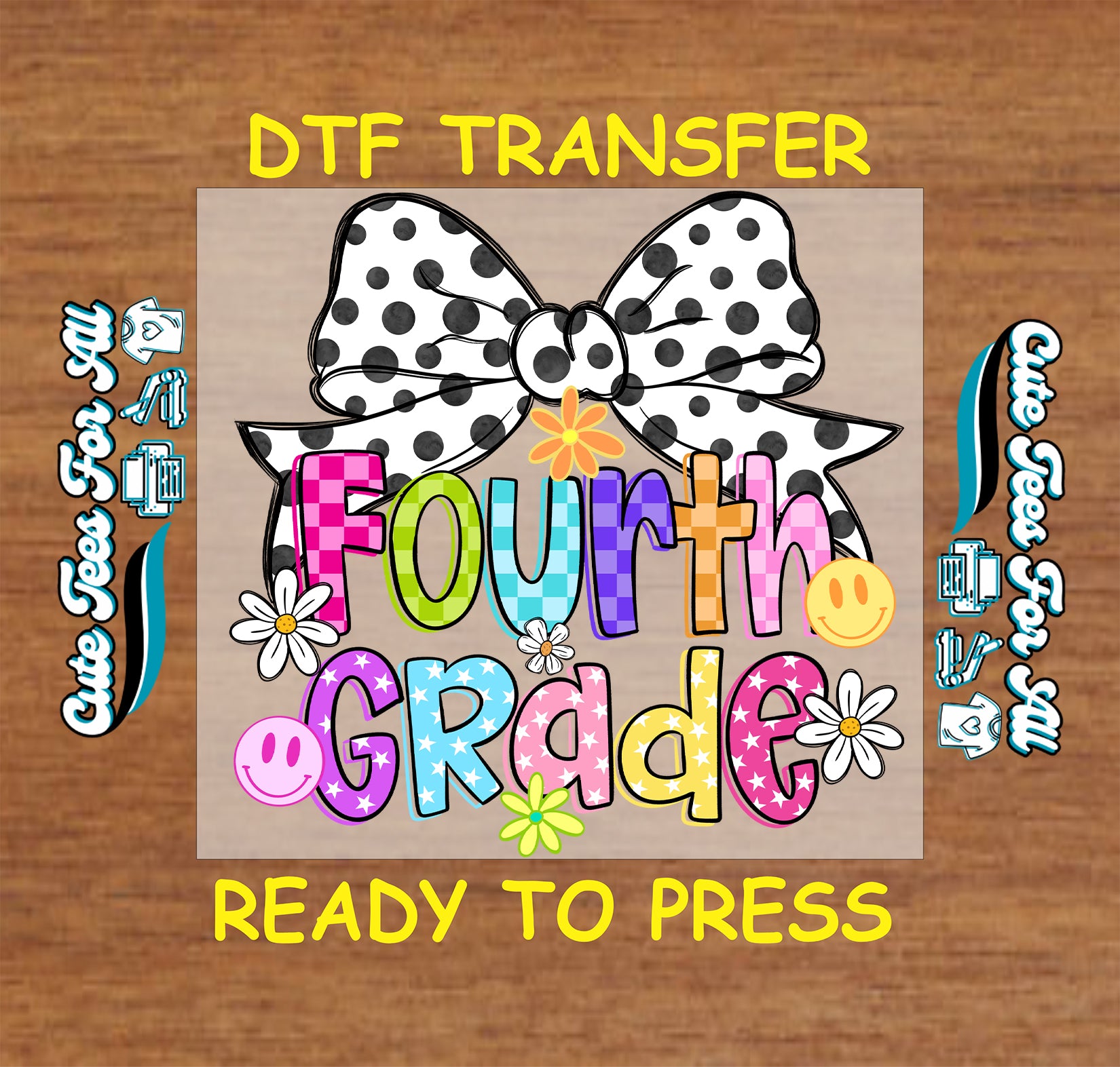 Colorful 'Fourth Grade' design with a polka dot bow on a wooden background