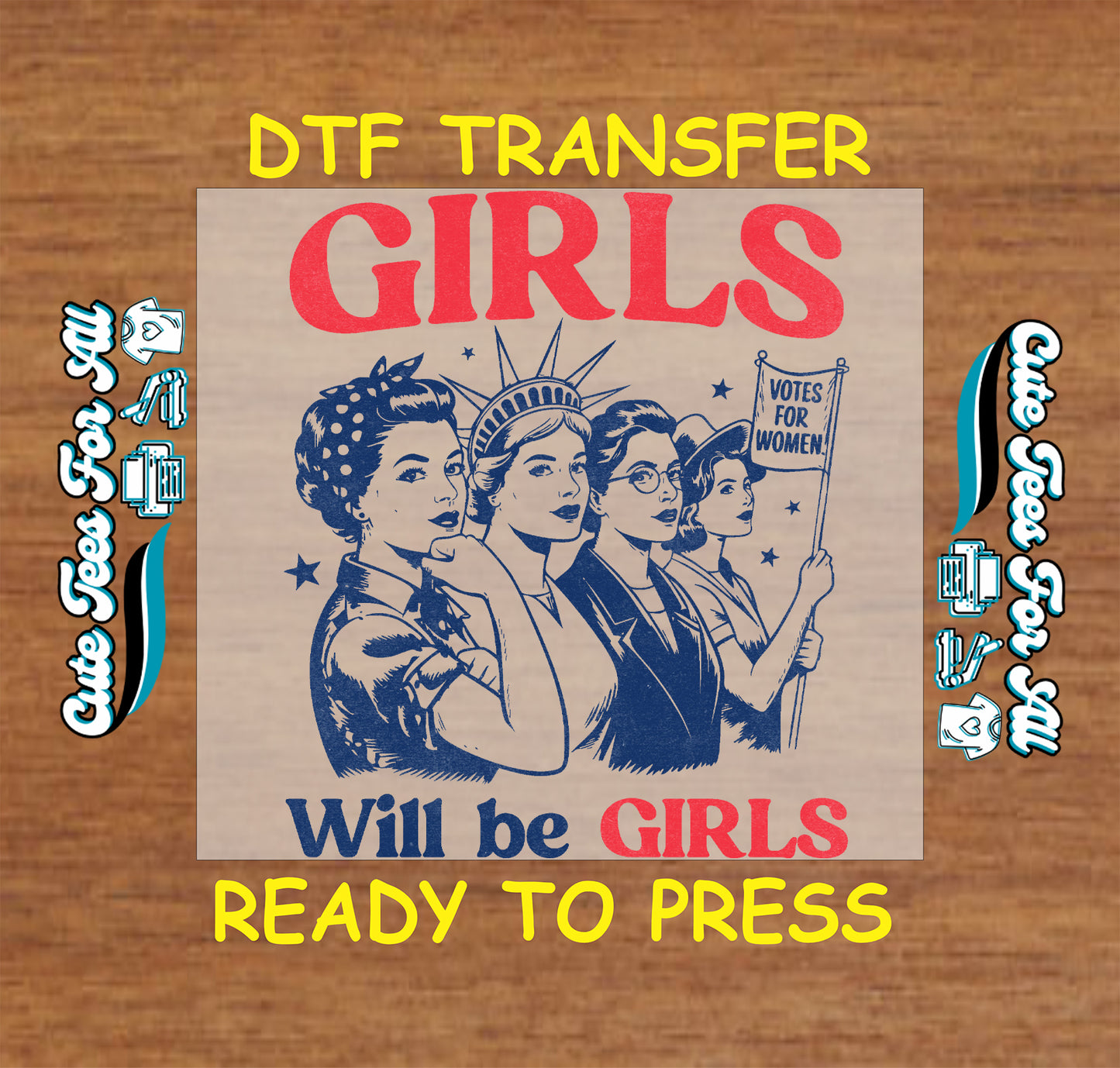 Vintage-style poster with women's rights theme on a wooden background