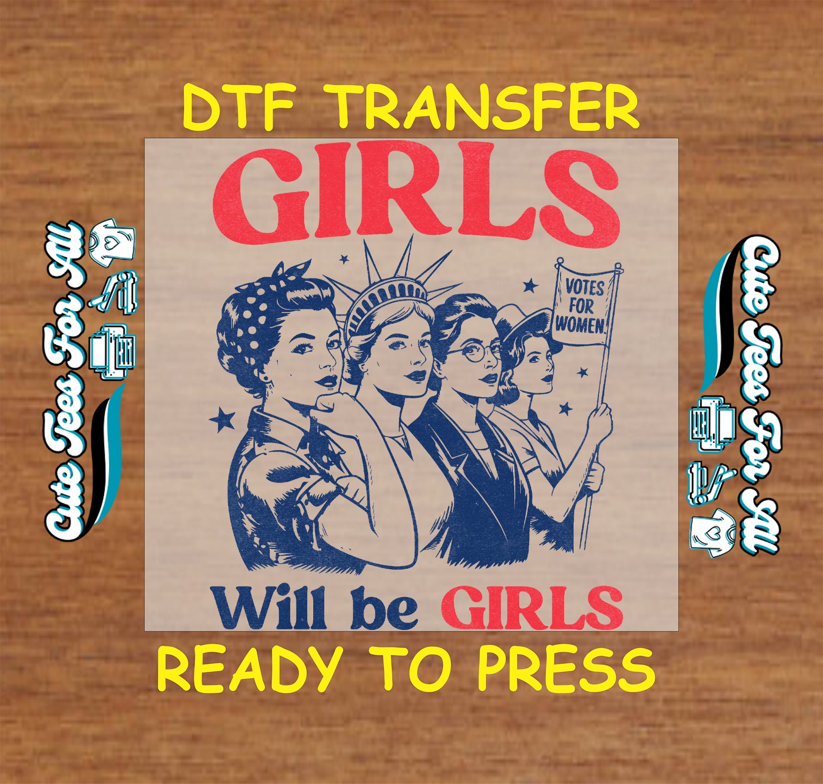Vintage-style poster with women's rights theme on a wooden background