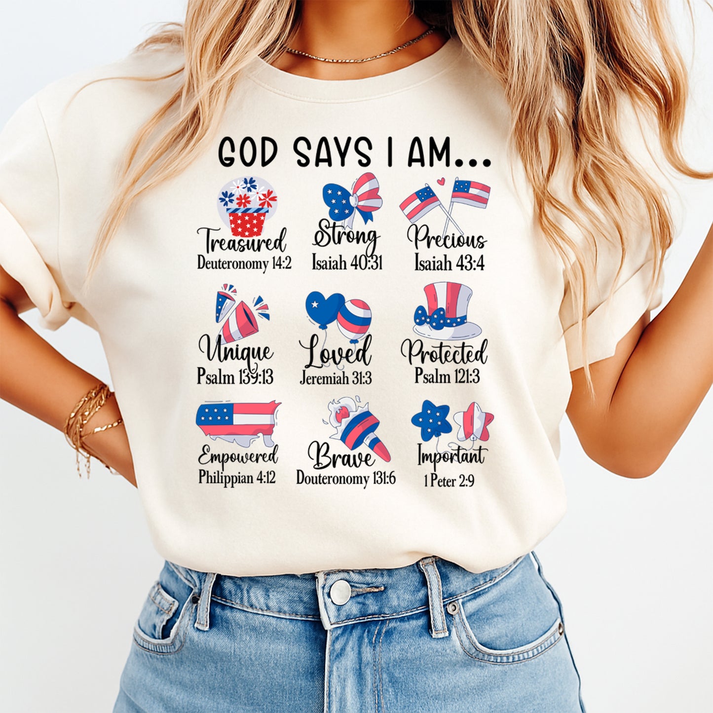 Person wearing a white t-shirt with motivational phrases and American flags.