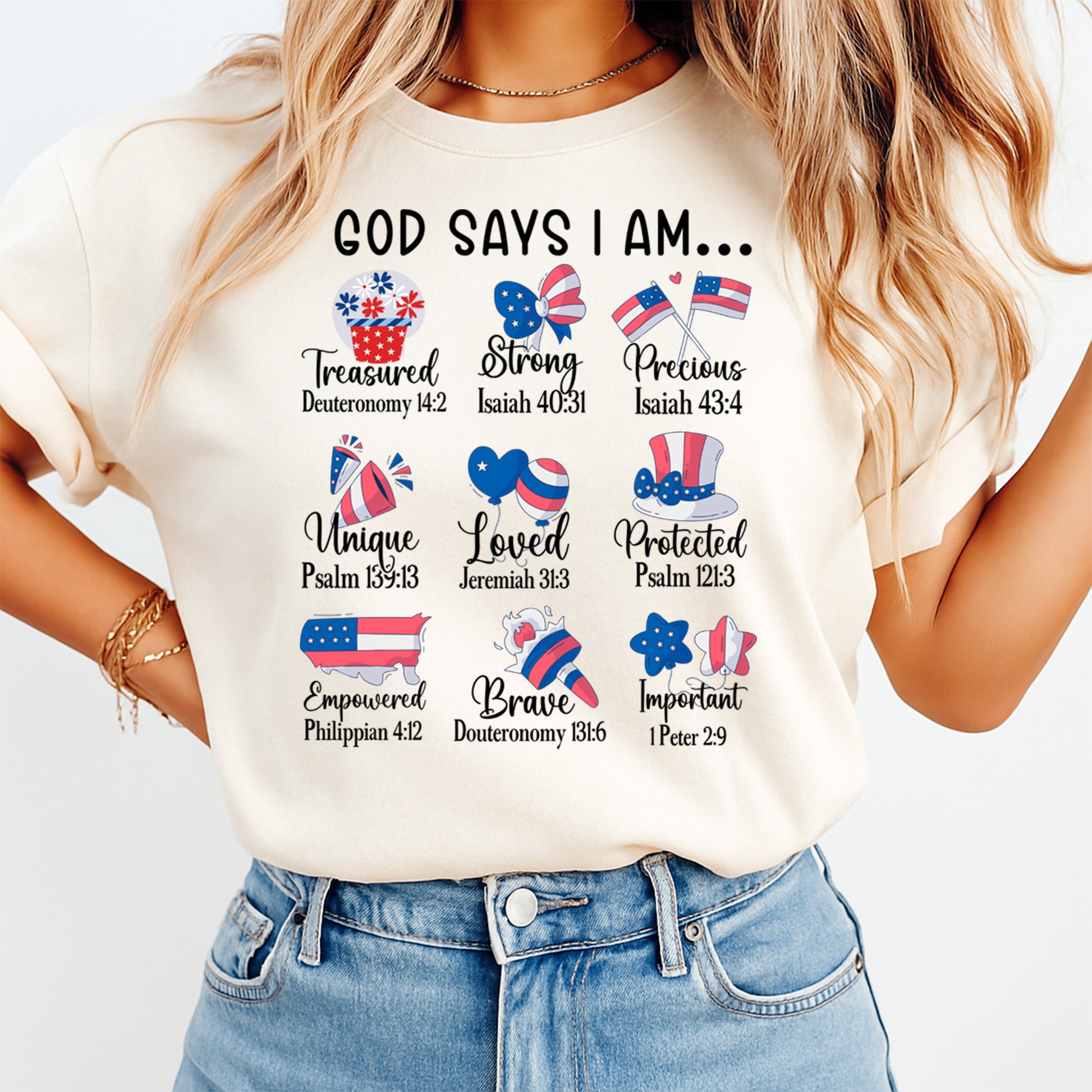 Person wearing a white t-shirt with motivational phrases and American flags.