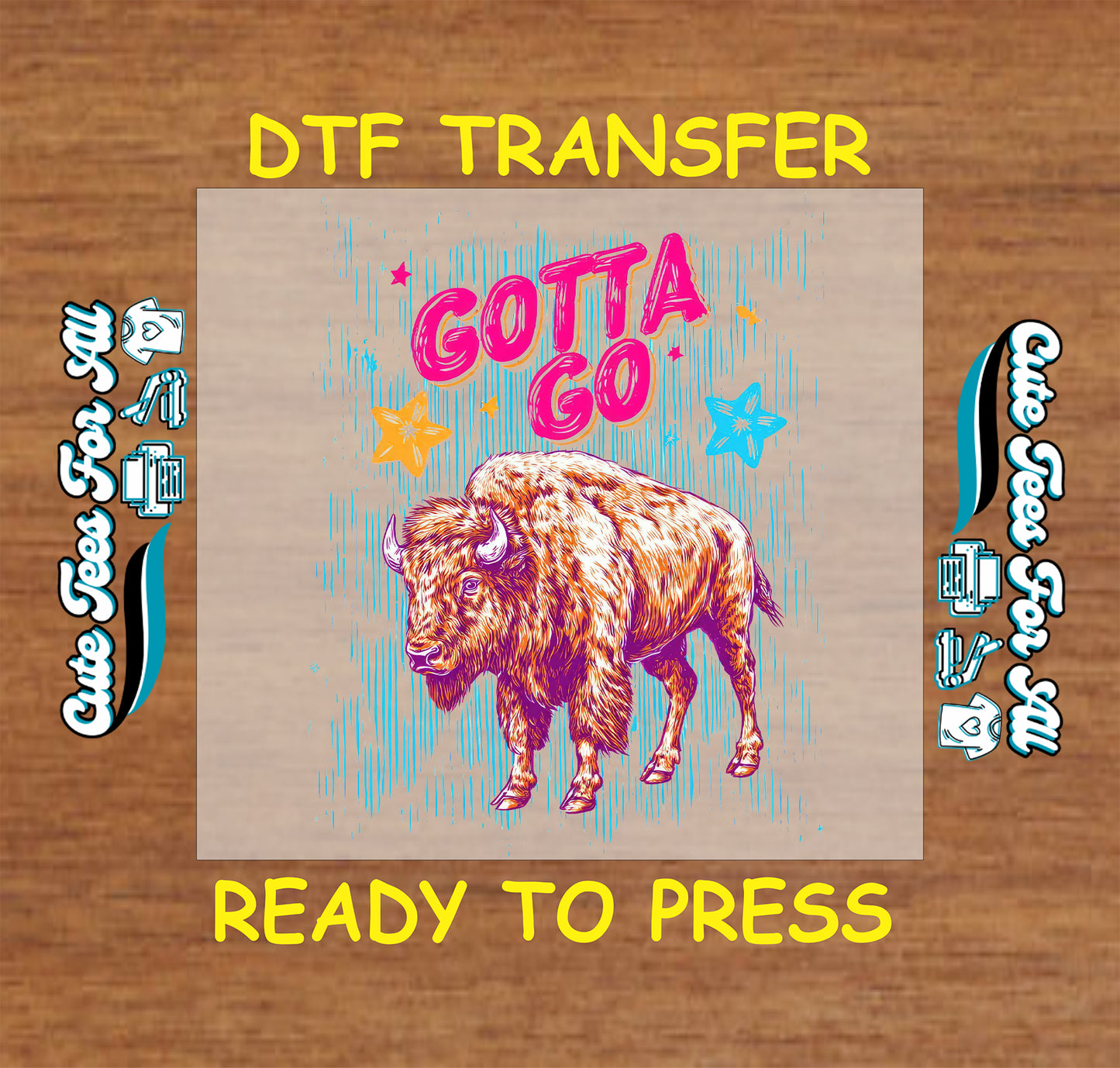 DTF transfer with a bison graphic and text on a wooden surface