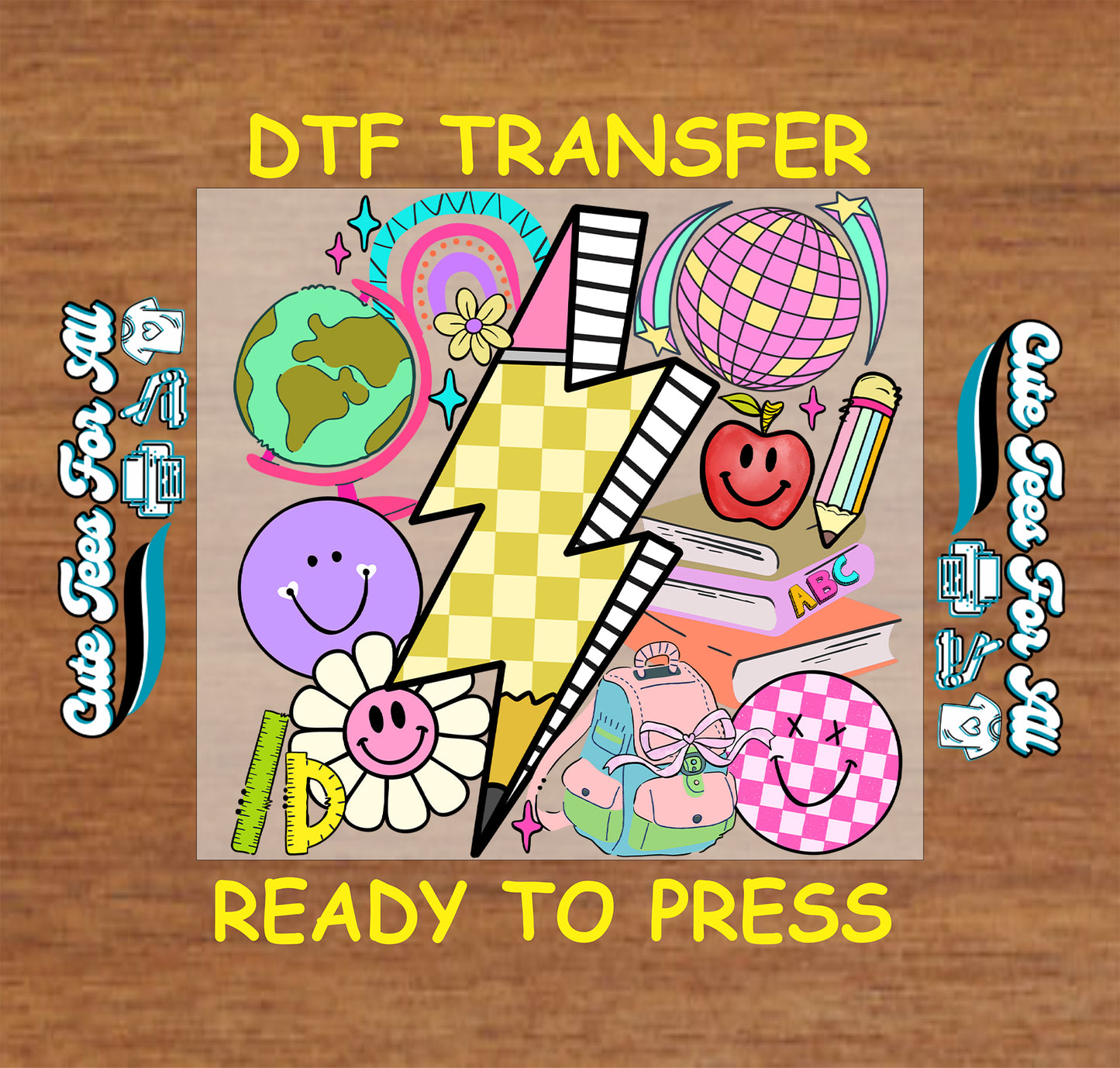 DTF transfer with colorful graphics on a wooden background