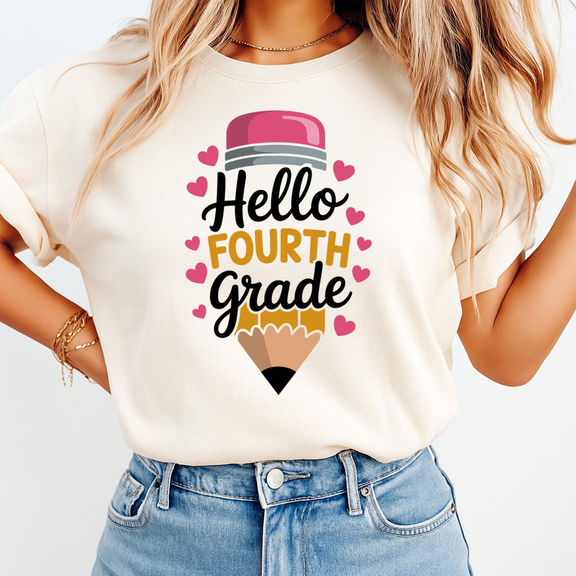 Person wearing a white t-shirt with 'Hello Fourth Grade' design and denim shorts on a light gray background