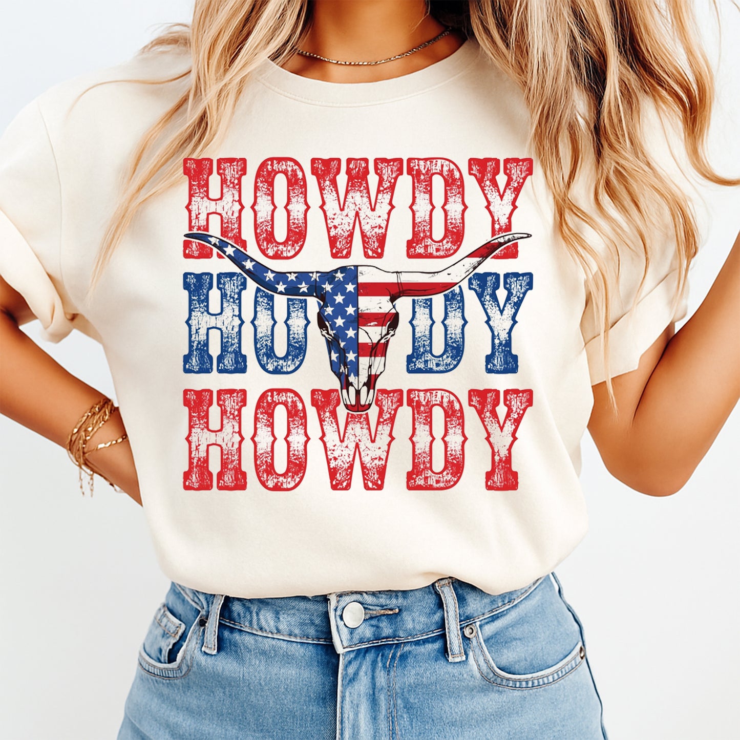 Western Patriotic DTF Transfer Howdy Howdy Howdy Ready to Press Iron On Heat Transfer 13892