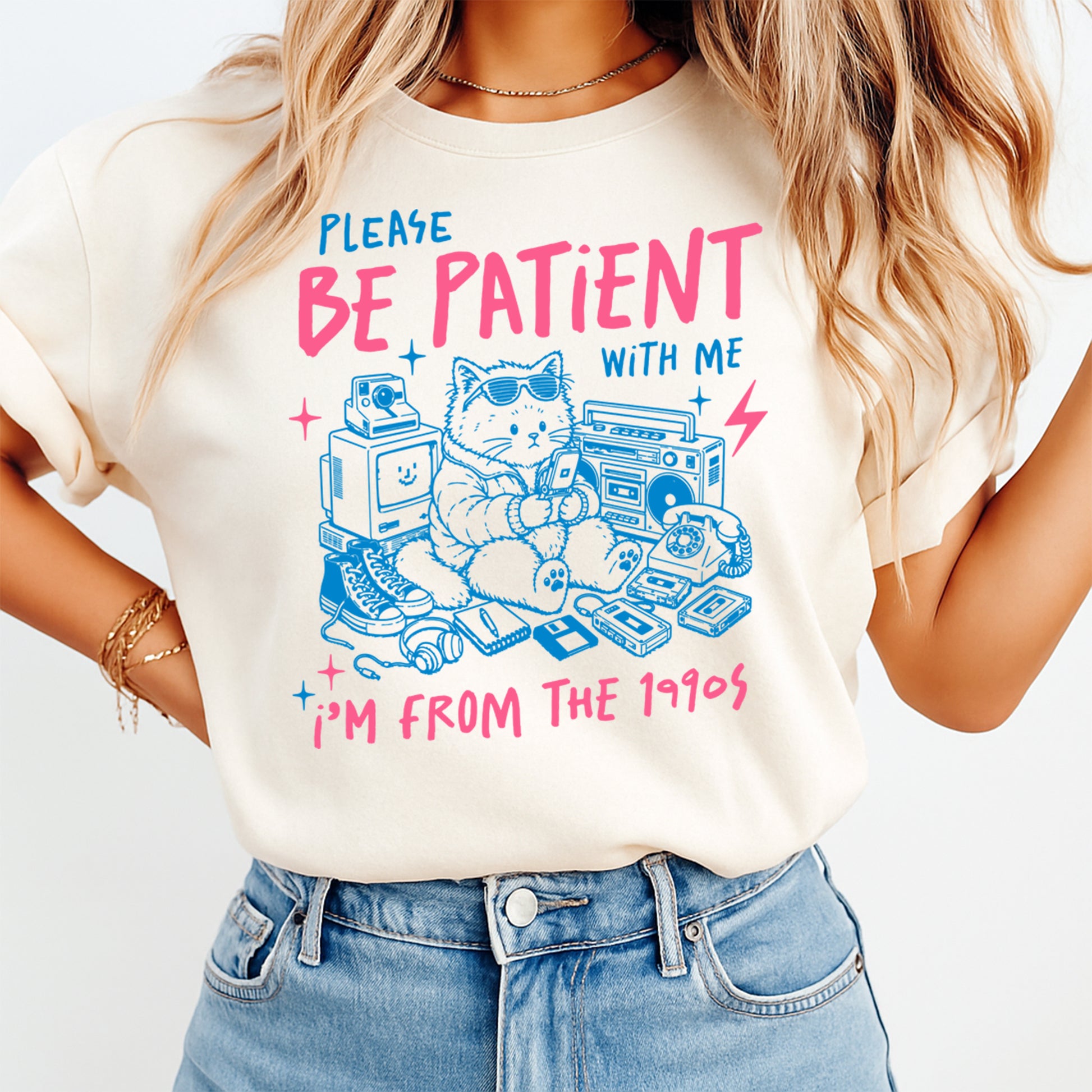 Funny 90s cat DTF transfer shirt with please be patient with me I’m from the 1990s design, ready to press heat transfer for DIY retro shirts