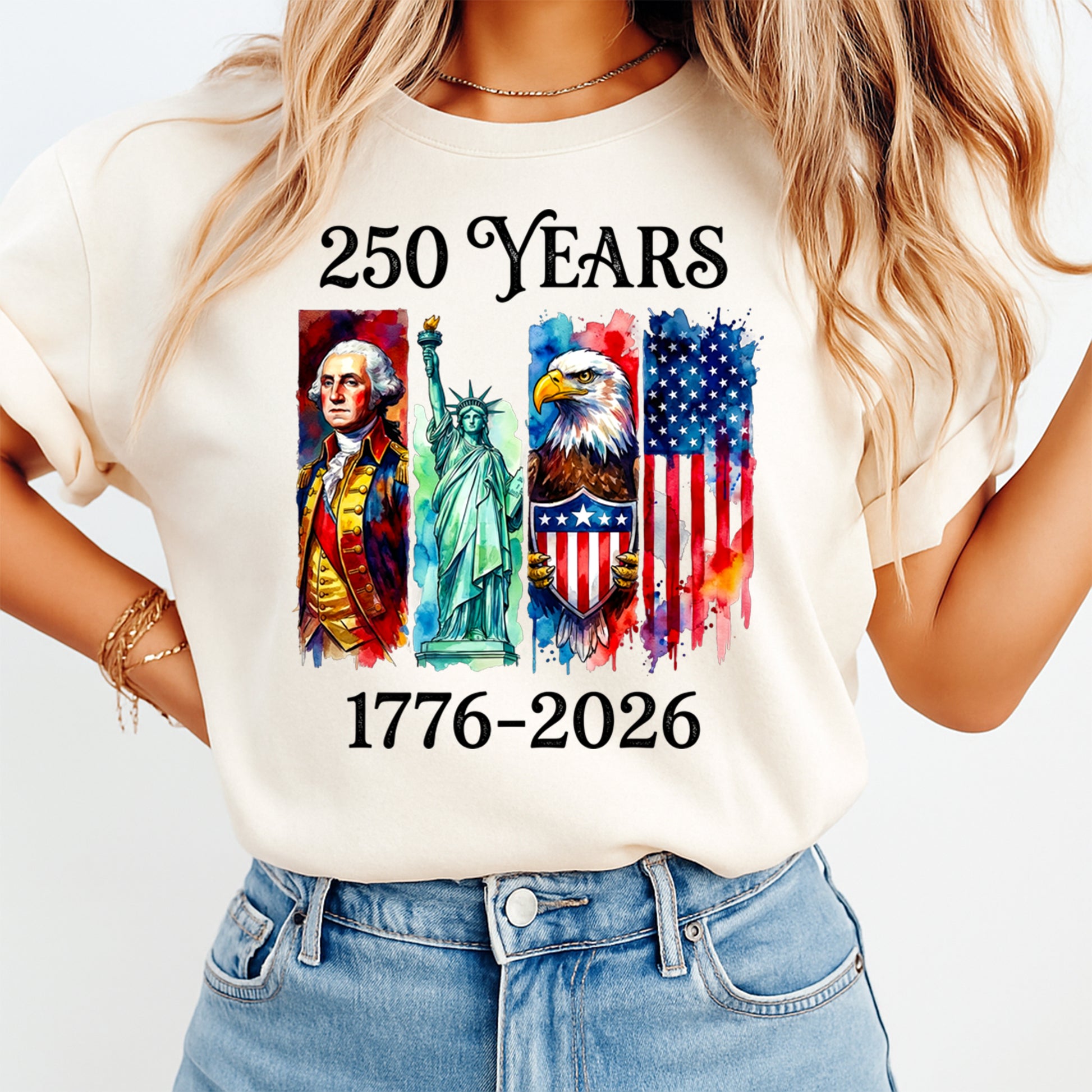 Person wearing a t-shirt with 250 Years 1776-2026 design featuring historical figures and symbols.