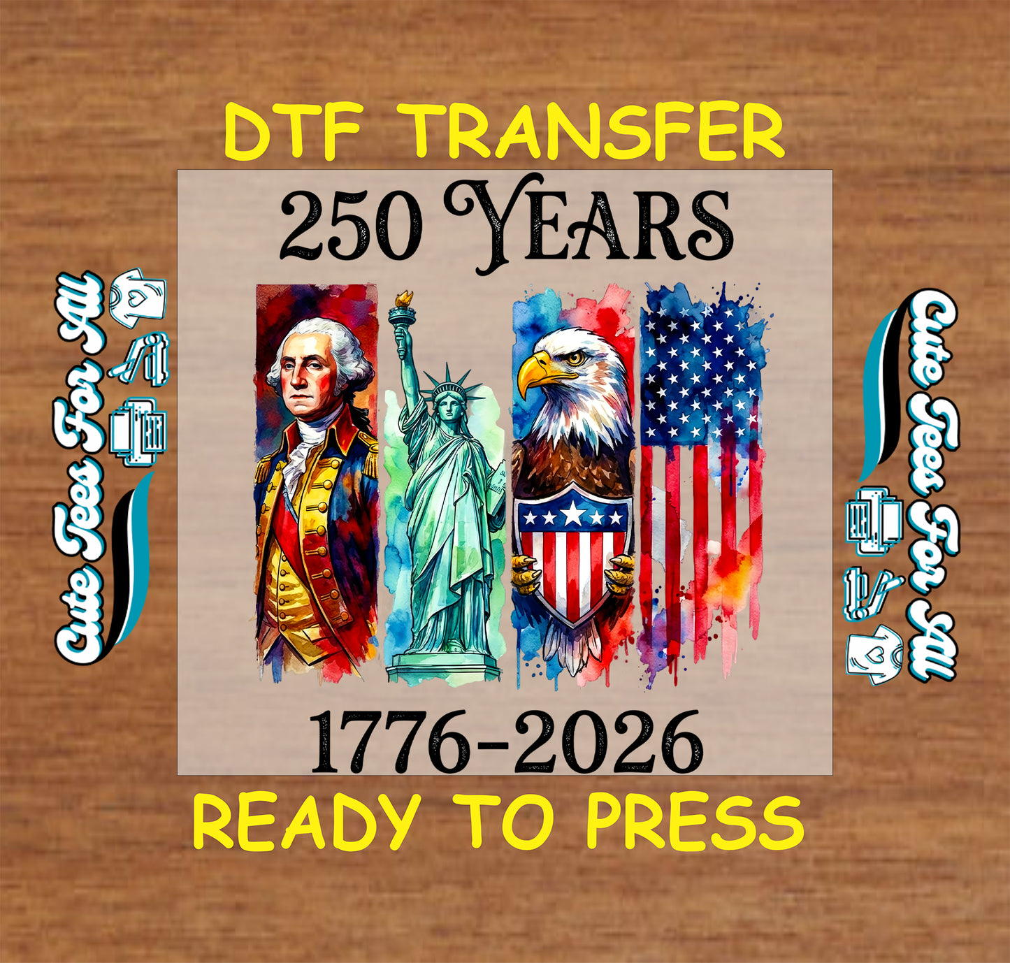 DTF transfer with American-themed design on a wooden background