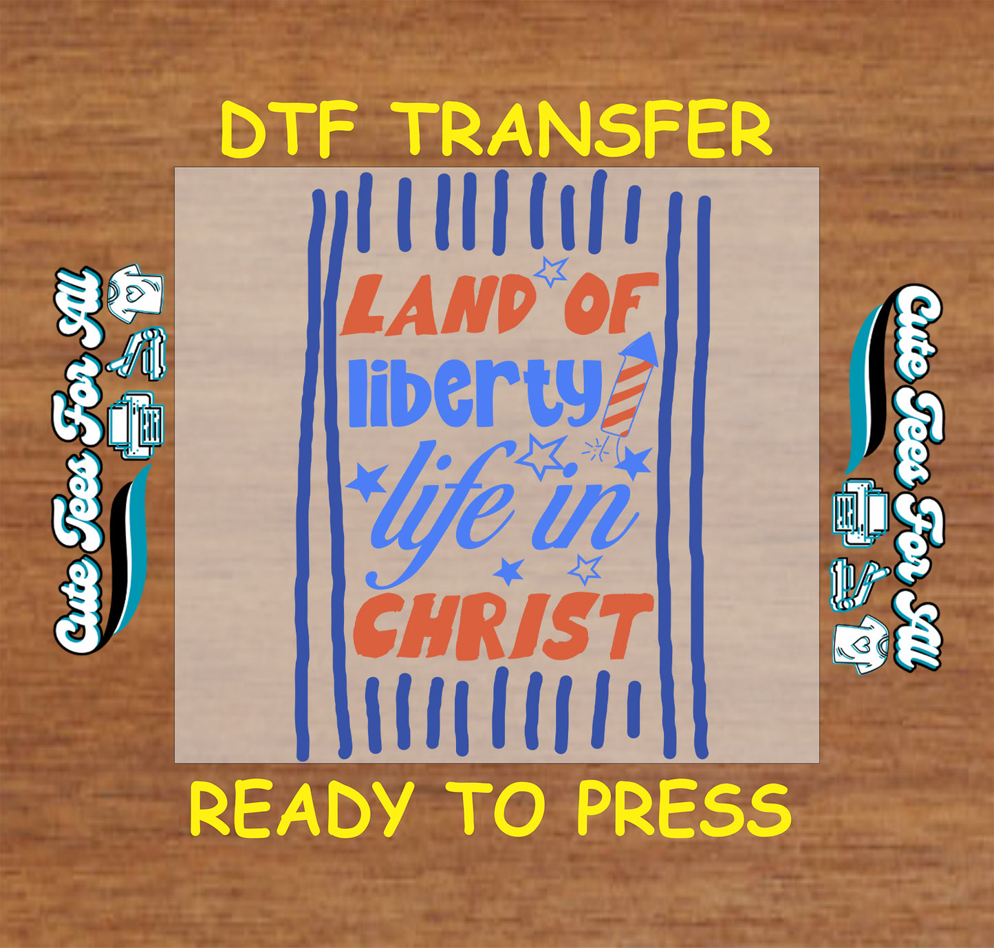 Land of Liberty Life in Christ ready to press DTF transfer with patriotic stars stripes and faith-based lettering