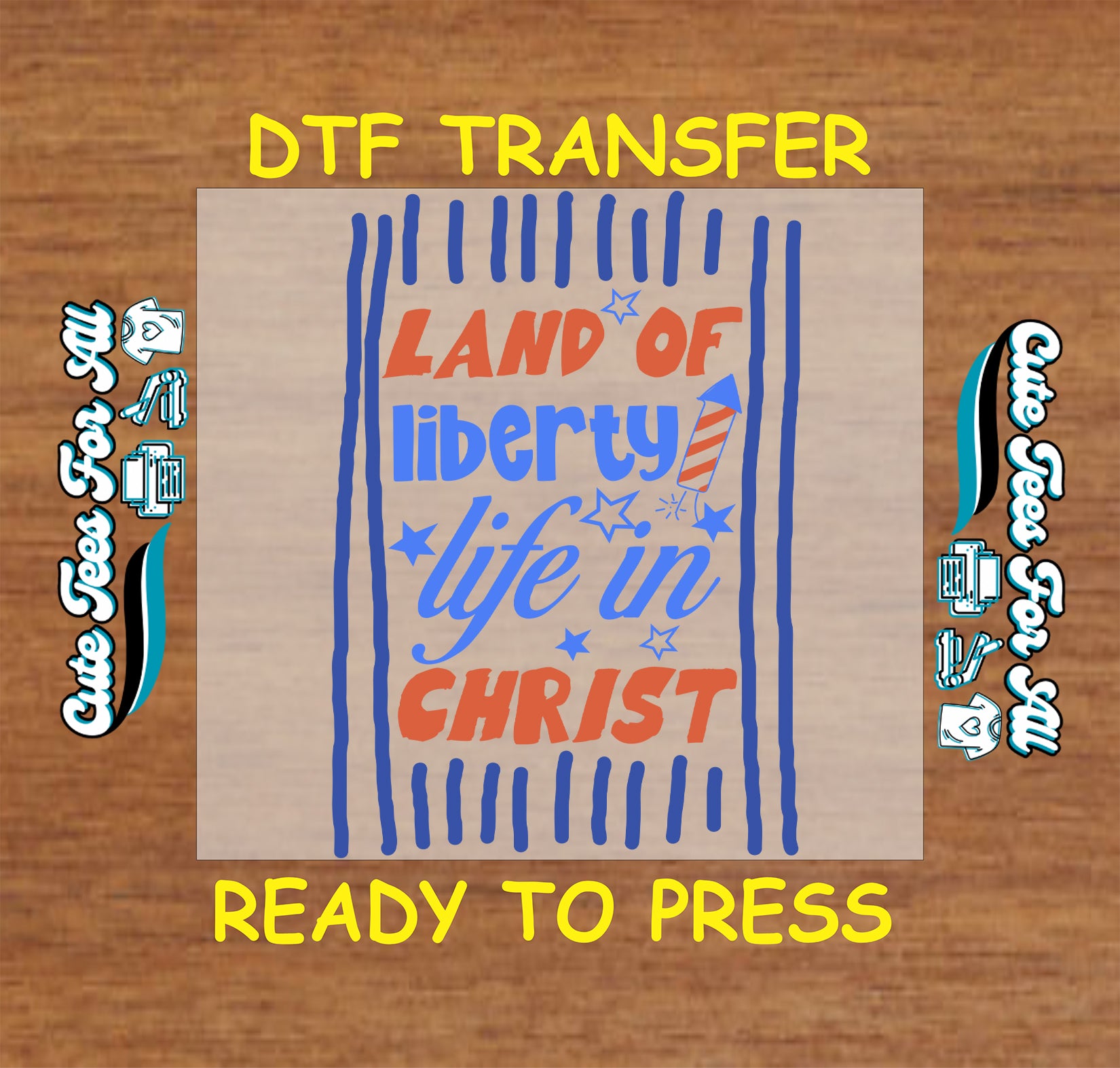 Land of Liberty Life in Christ ready to press DTF transfer with patriotic stars stripes and faith-based lettering