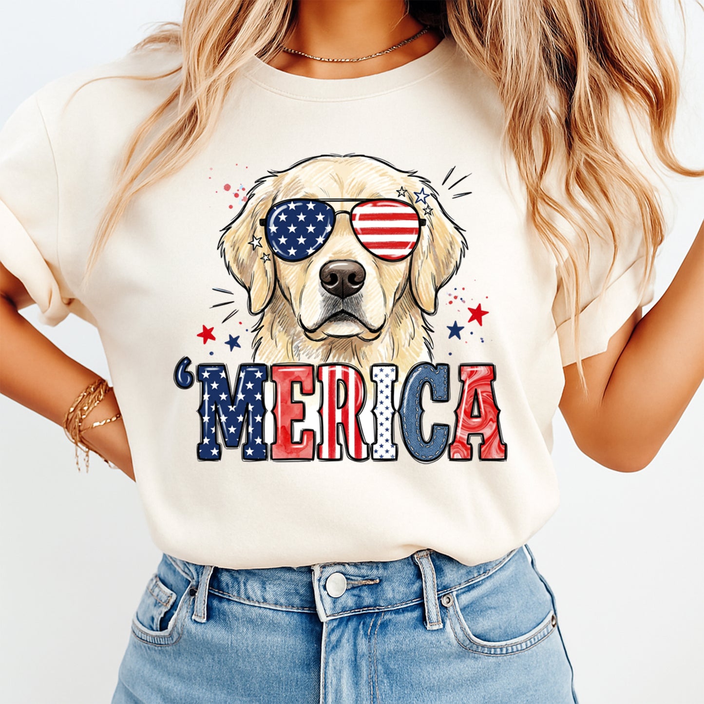 Person wearing a t-shirt with a dog graphic and 'MERICA text, with sunglasses and stars.