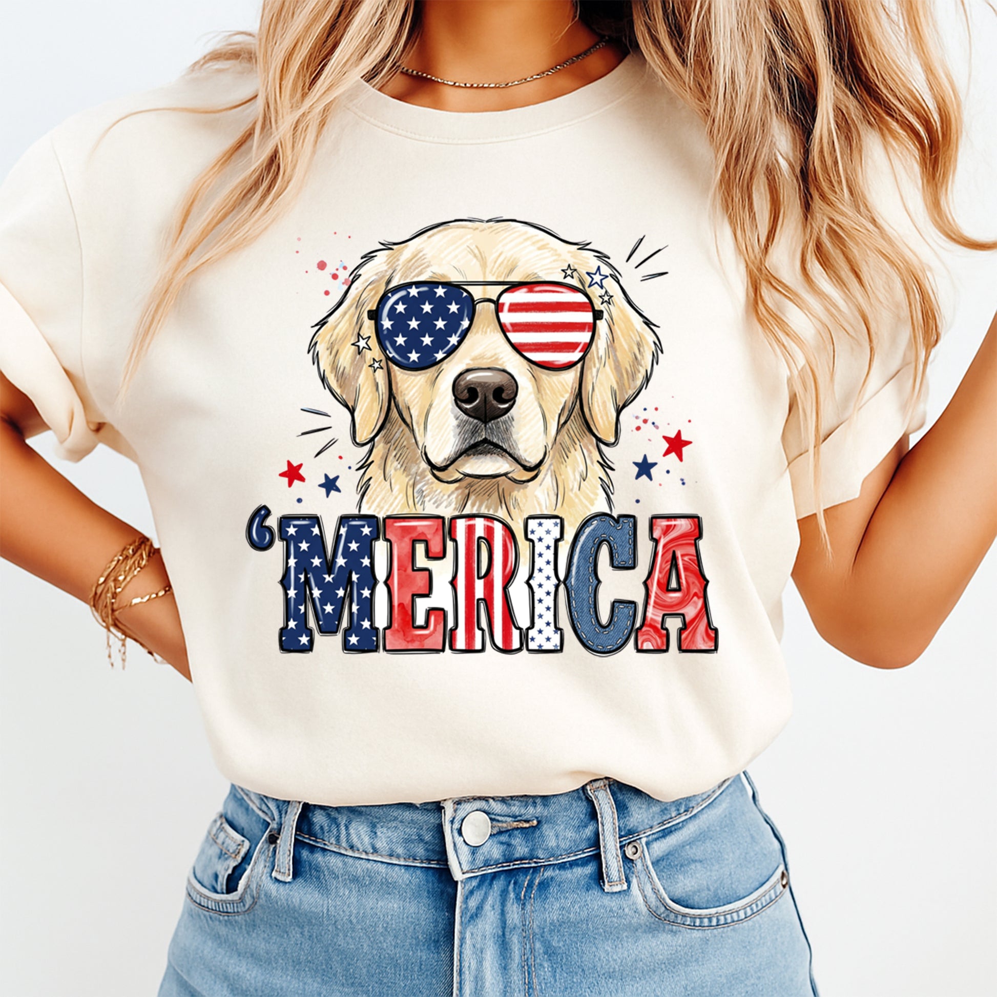 Person wearing a t-shirt with a dog graphic and 'MERICA text, with sunglasses and stars.
