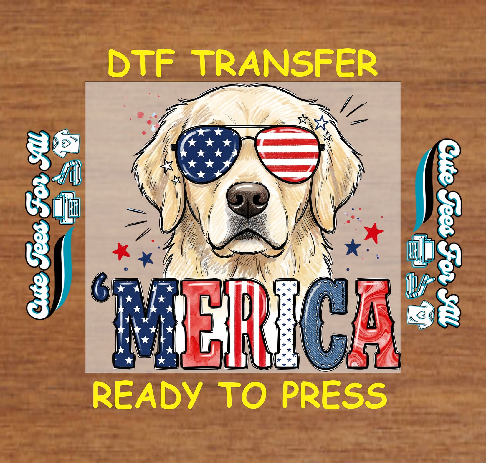 Dog wearing sunglasses with American flag design and 'MERICA' text on a wooden background