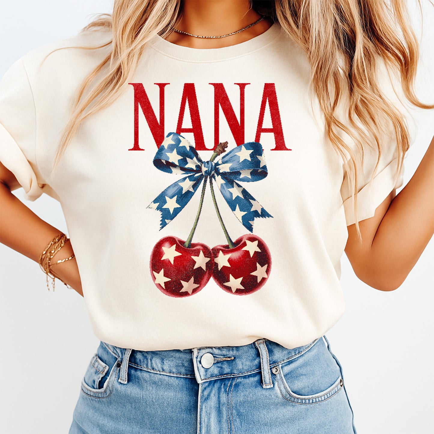 Patriotic Nana DTF Transfer Red White Blue Cherry Bow Ready to Press 13929