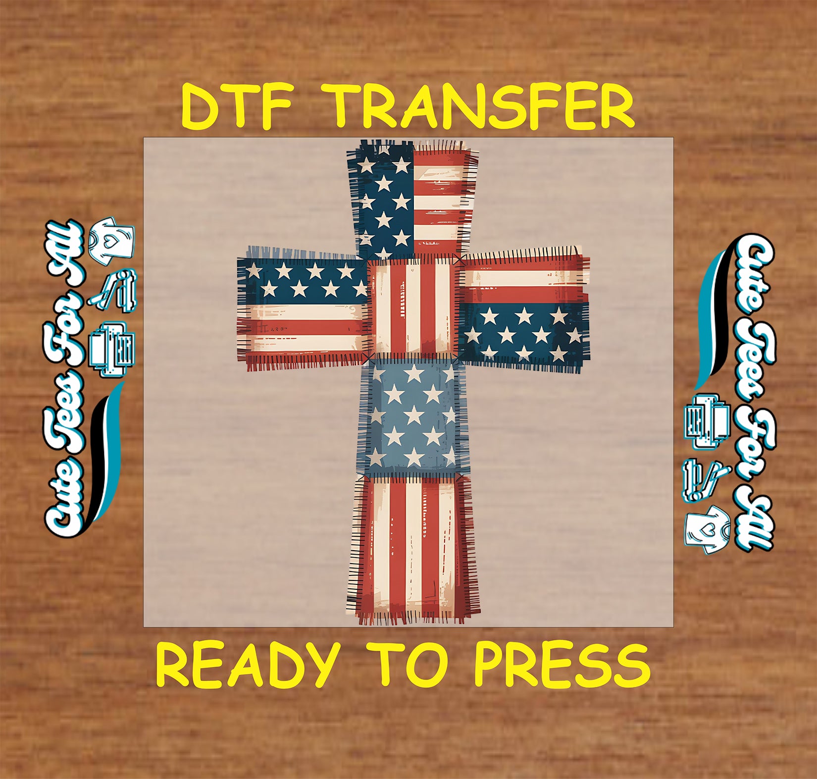 DTF transfer with American flag design on a wooden background