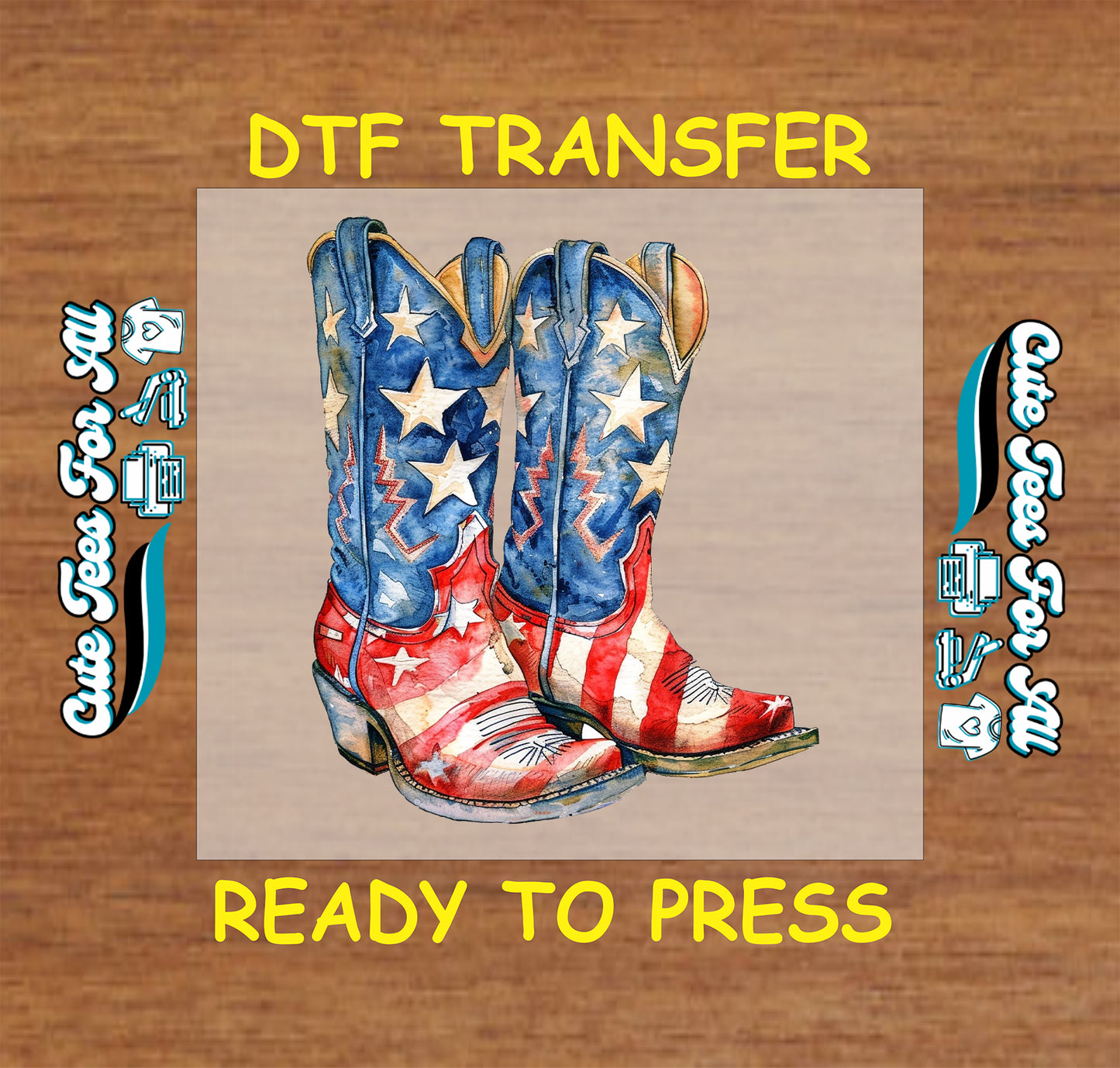 DTF transfer with American flag cowboy boots on a wooden background