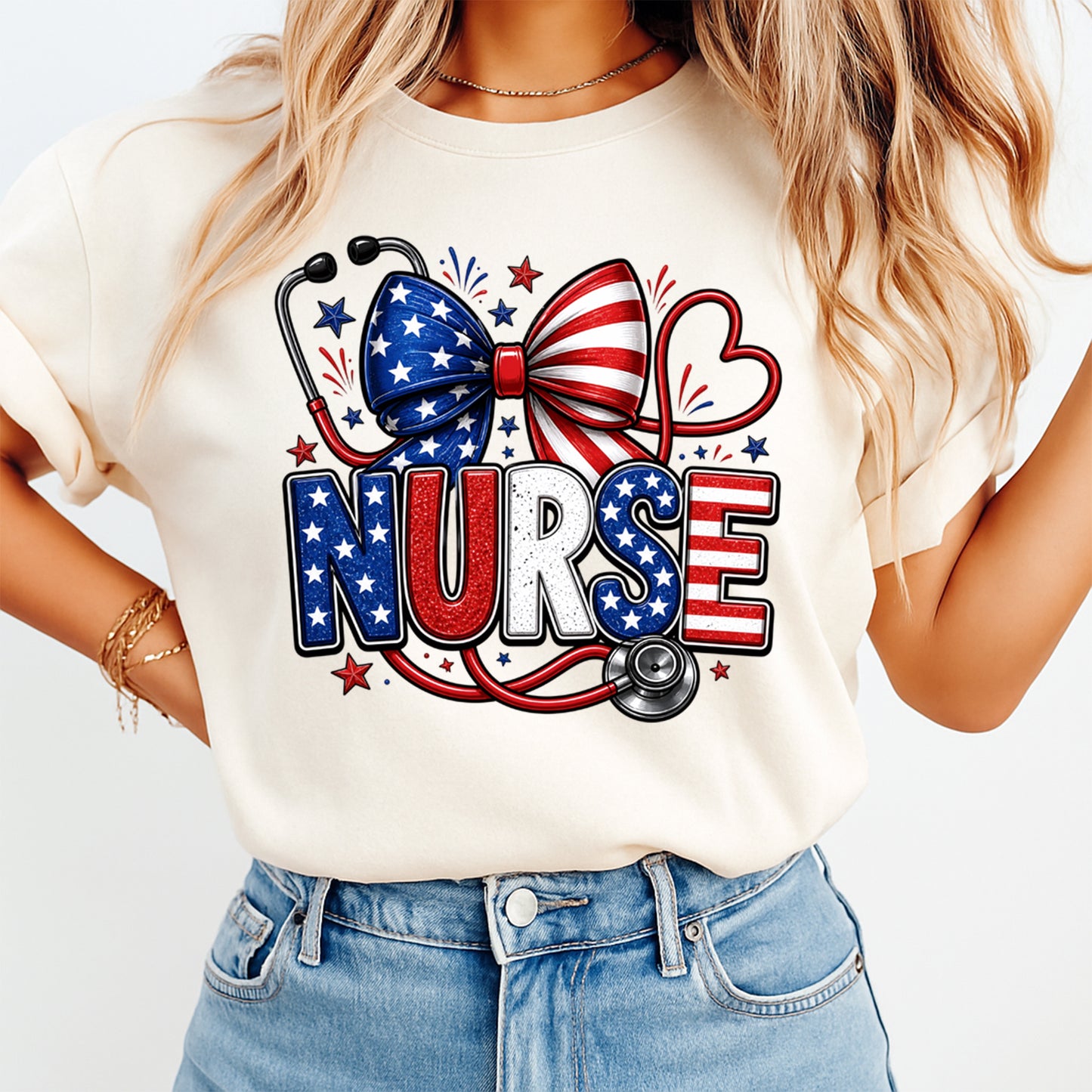 Person wearing a white t-shirt with a 'Nurse' design featuring an American flag bow and stethoscope on a light background.