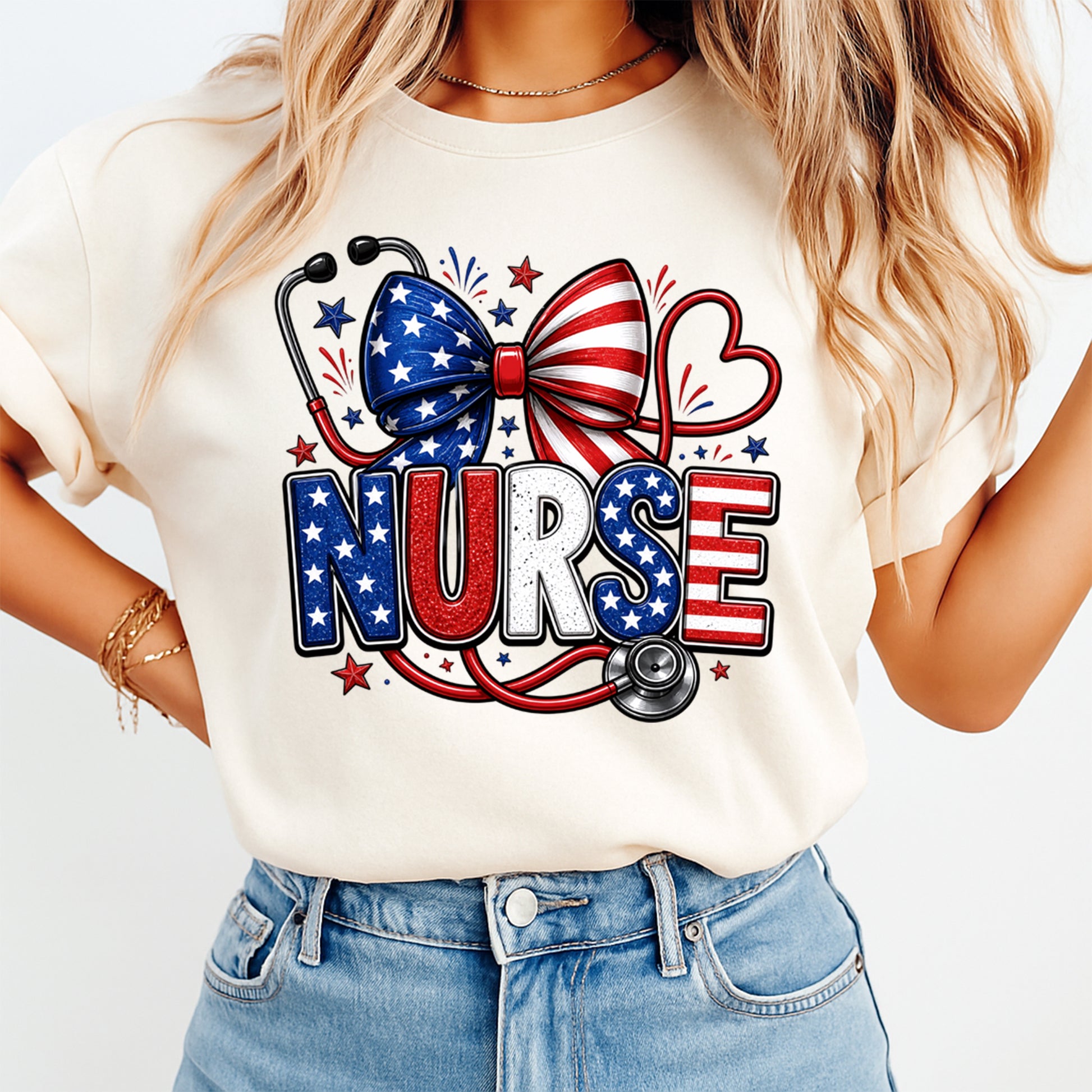 Person wearing a white t-shirt with a 'Nurse' design featuring an American flag bow and stethoscope on a light background.