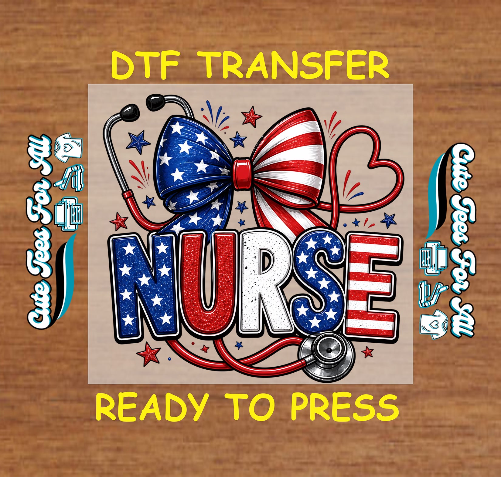 DTF transfer with nurse design on a wooden background