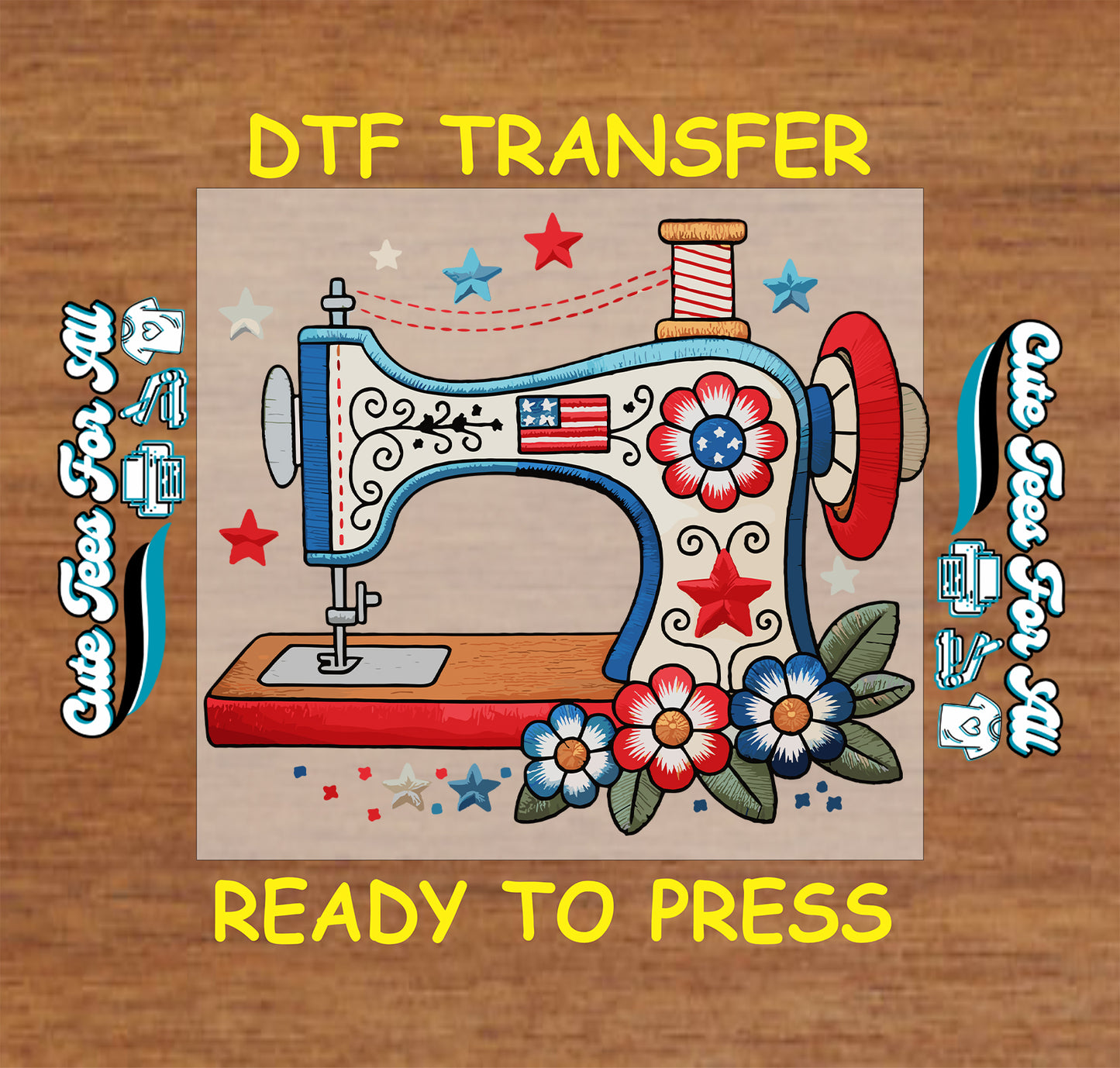 DTF transfer with a sewing machine design on a wooden surface