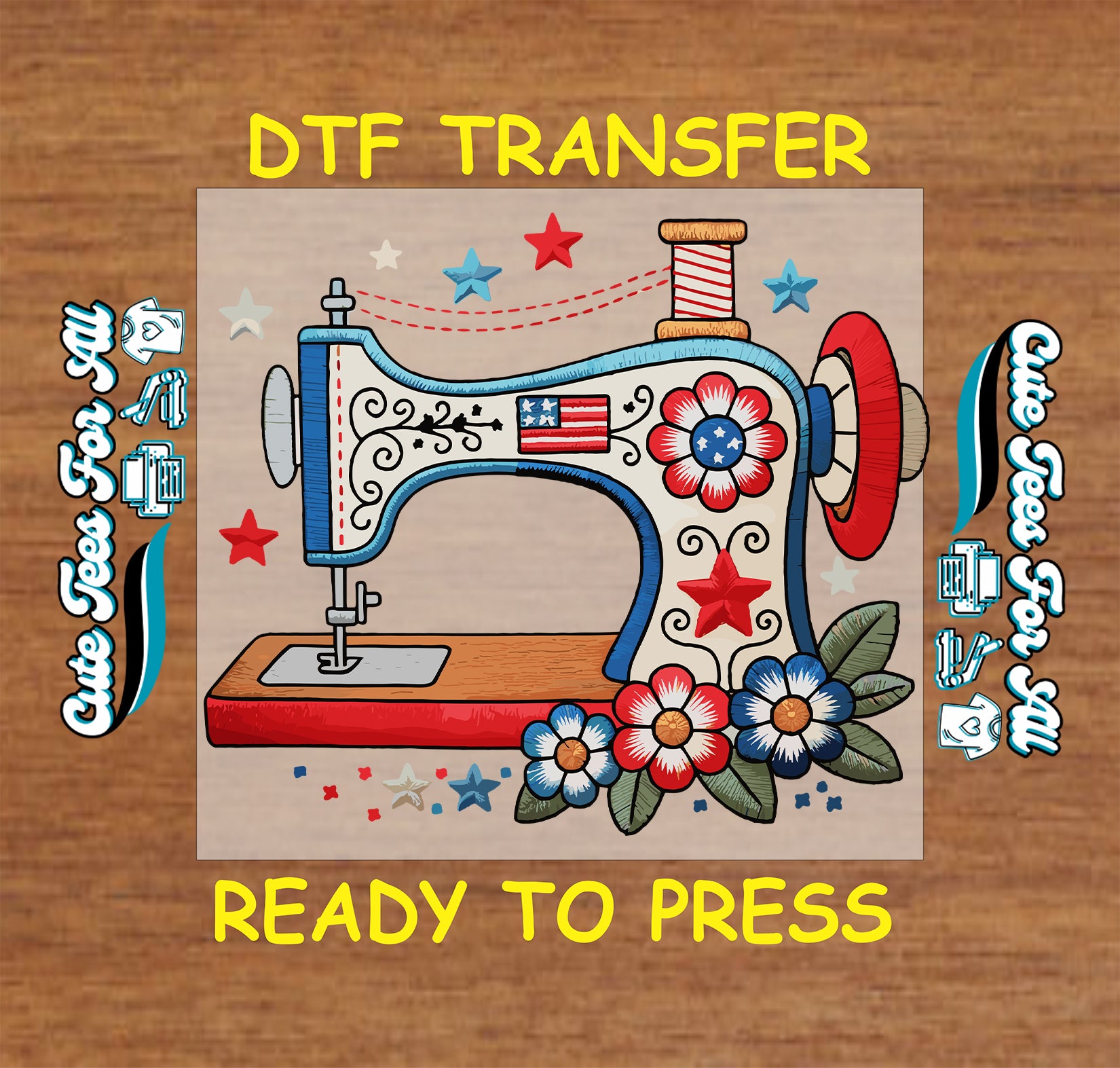 DTF transfer with a sewing machine design on a wooden surface