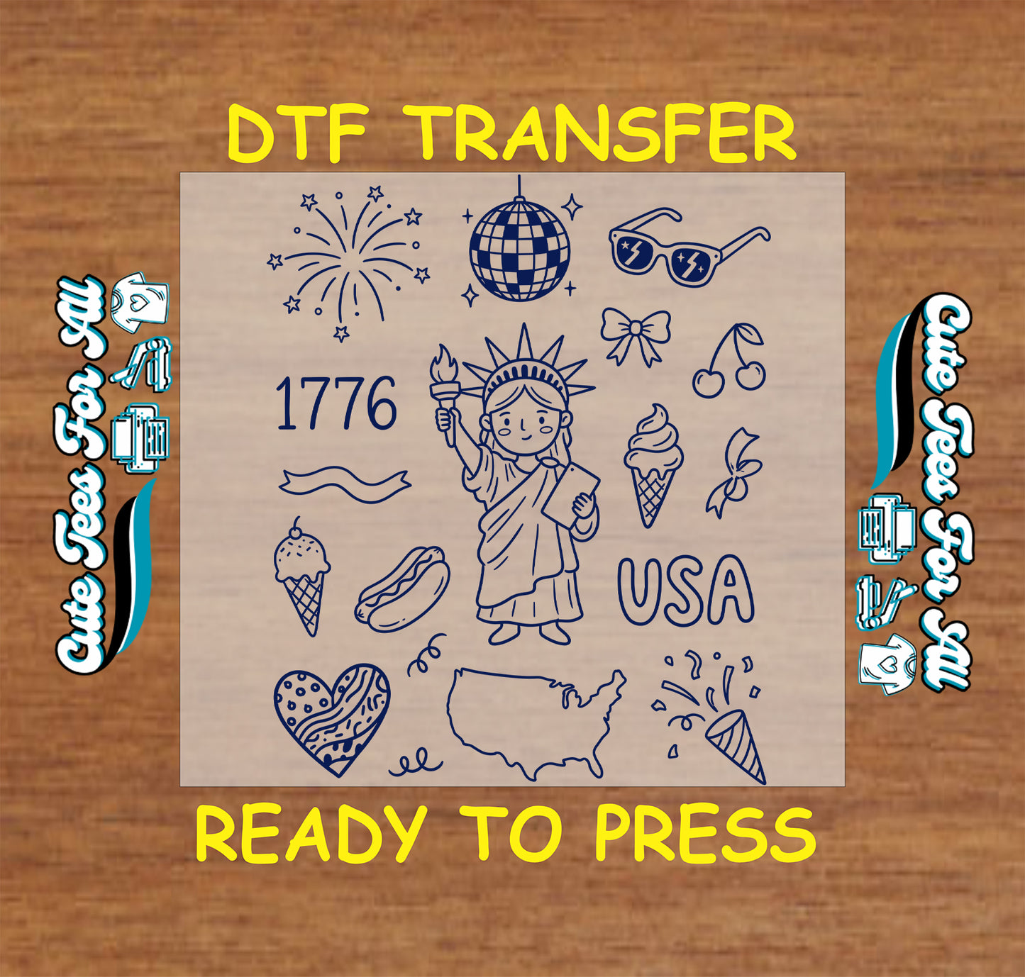 DTF transfer with USA-themed graphics on a wooden surface