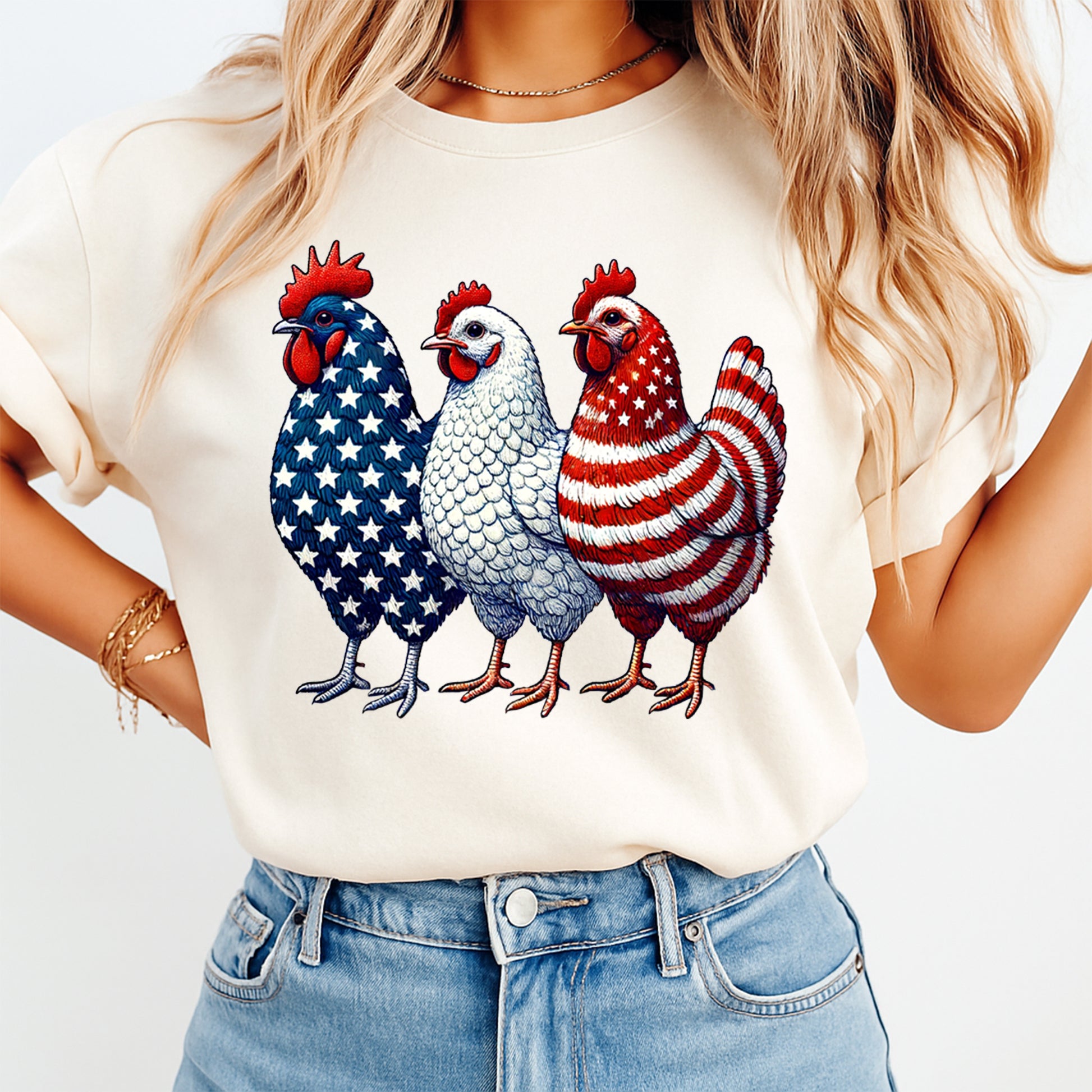 Person wearing a t-shirt with American flag-themed roosters design.