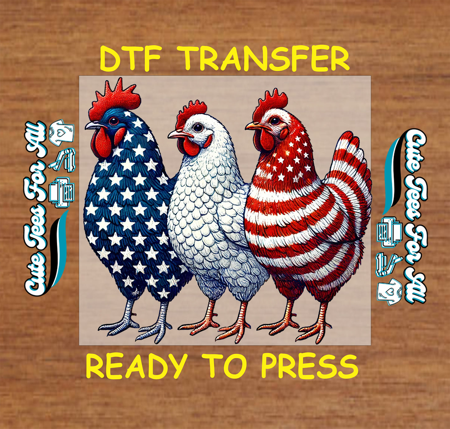 Three roosters in American flag colors on a wooden background with 'DTF Transfer' text.