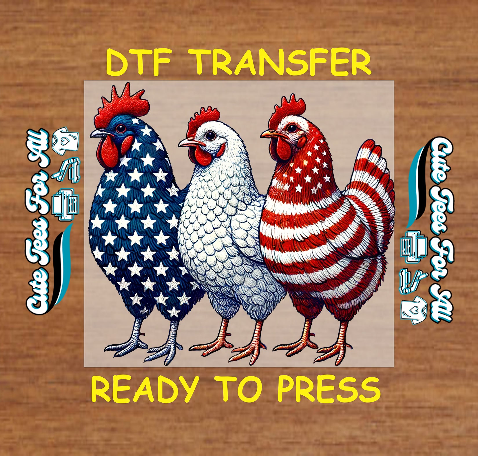 Three roosters in American flag colors on a wooden background with 'DTF Transfer' text.