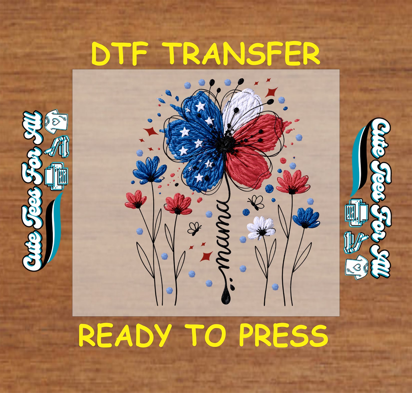 DTF transfer with butterfly and flowers design on a wooden background