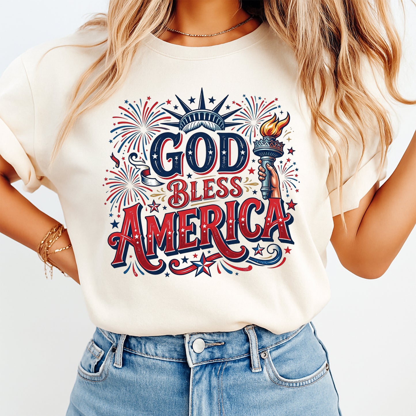 Person wearing a white t-shirt with 'God Bless America' graphic design.