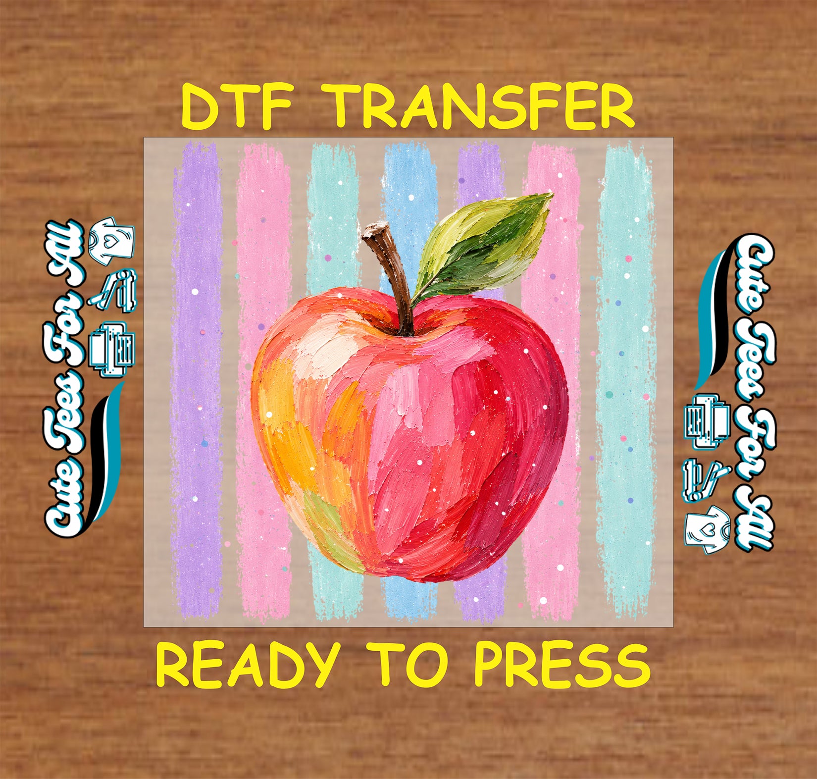 DTF transfer with a red apple design on a wooden background