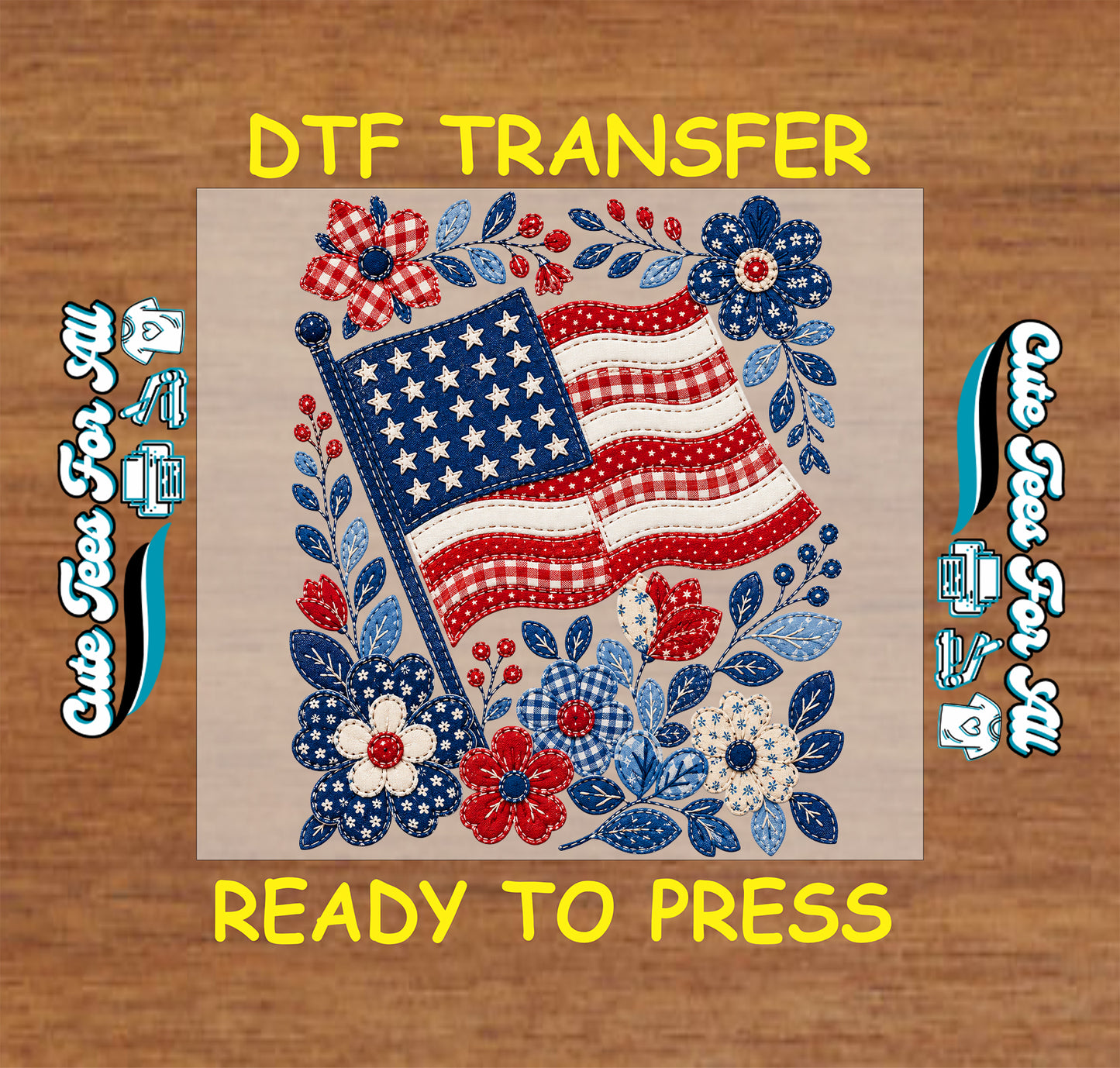 DTF transfer with American flag design on a wooden background