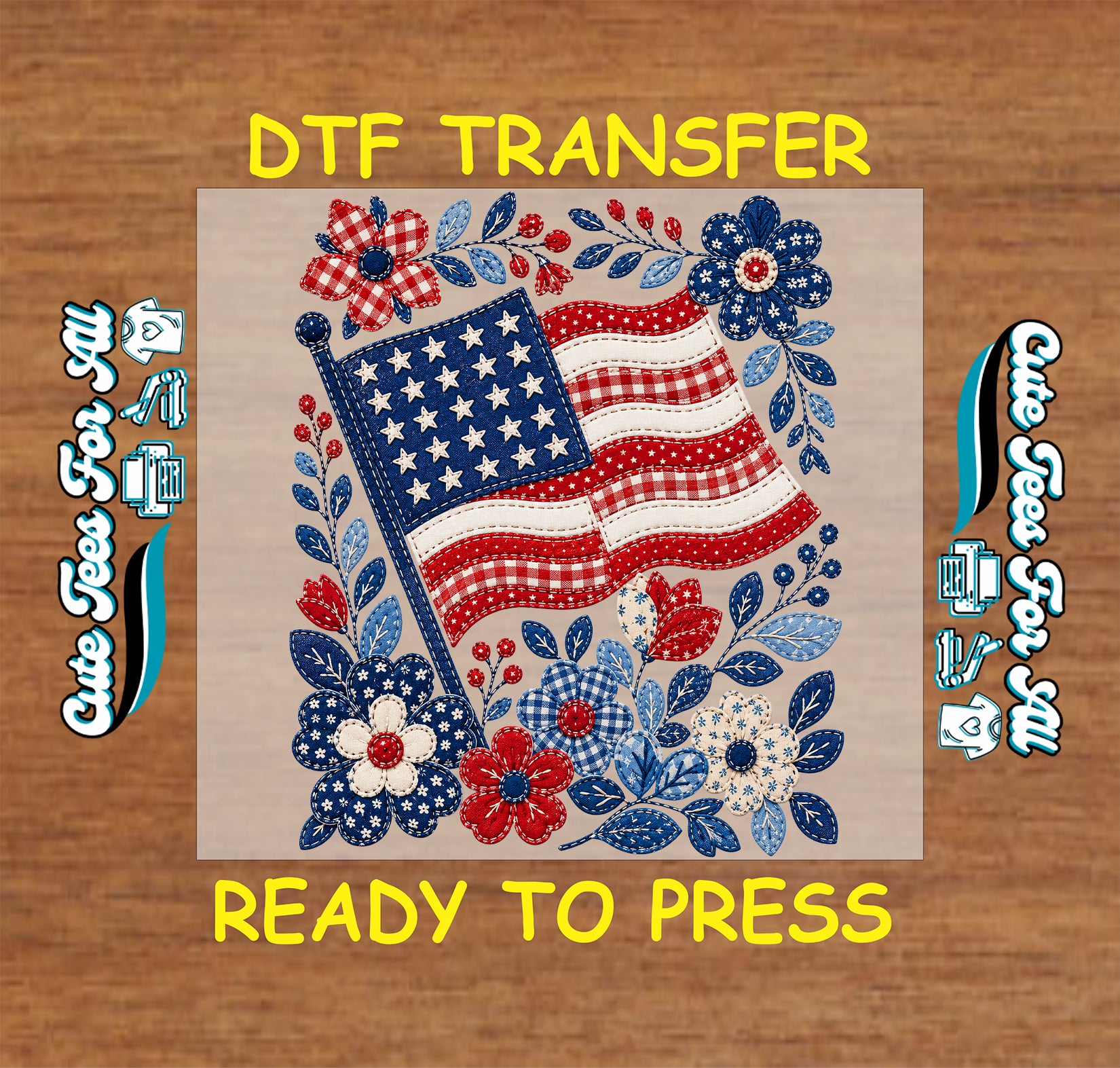 DTF transfer with American flag design on a wooden background