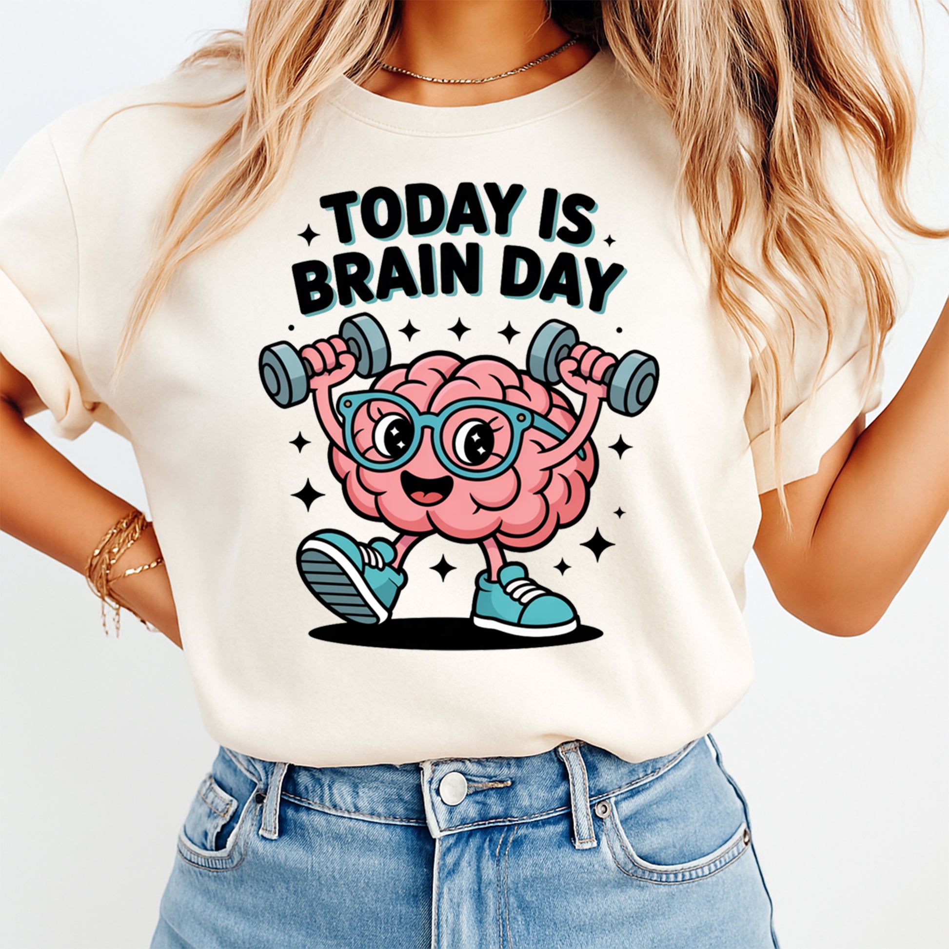 Person wearing a t-shirt with a brain graphic and 'Today is Brain Day' text.
