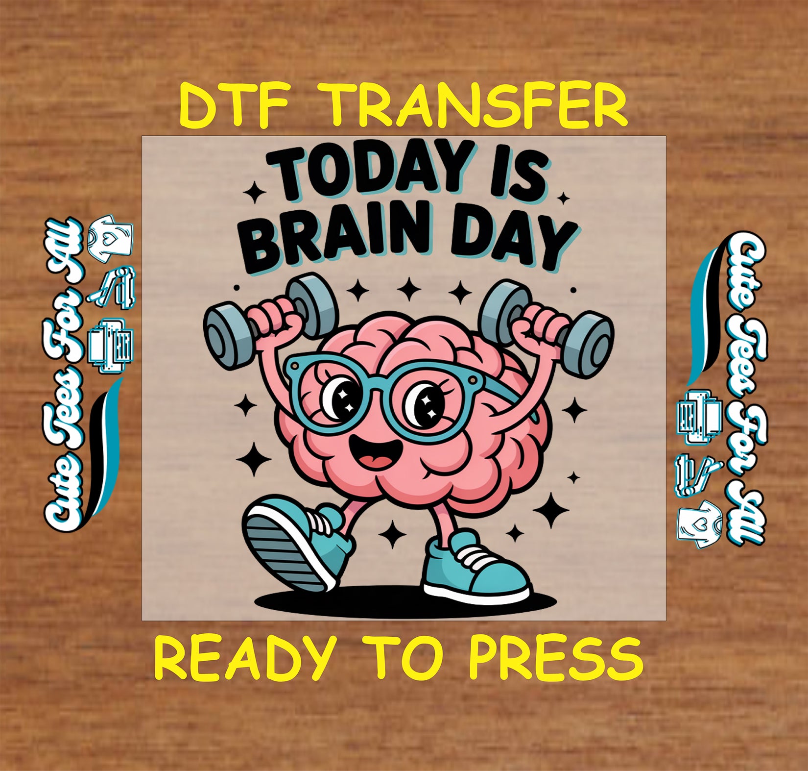 DTF transfer with a brain character lifting weights on a wooden background