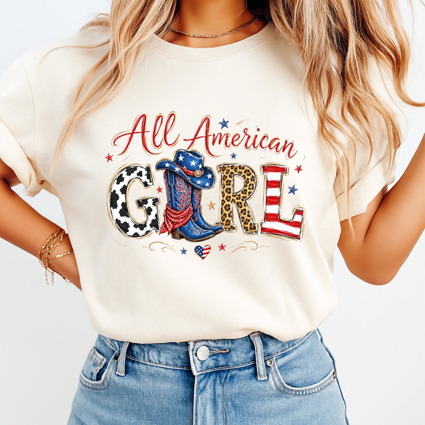 Person wearing a white t-shirt with 'All American Girl' design on a plain background