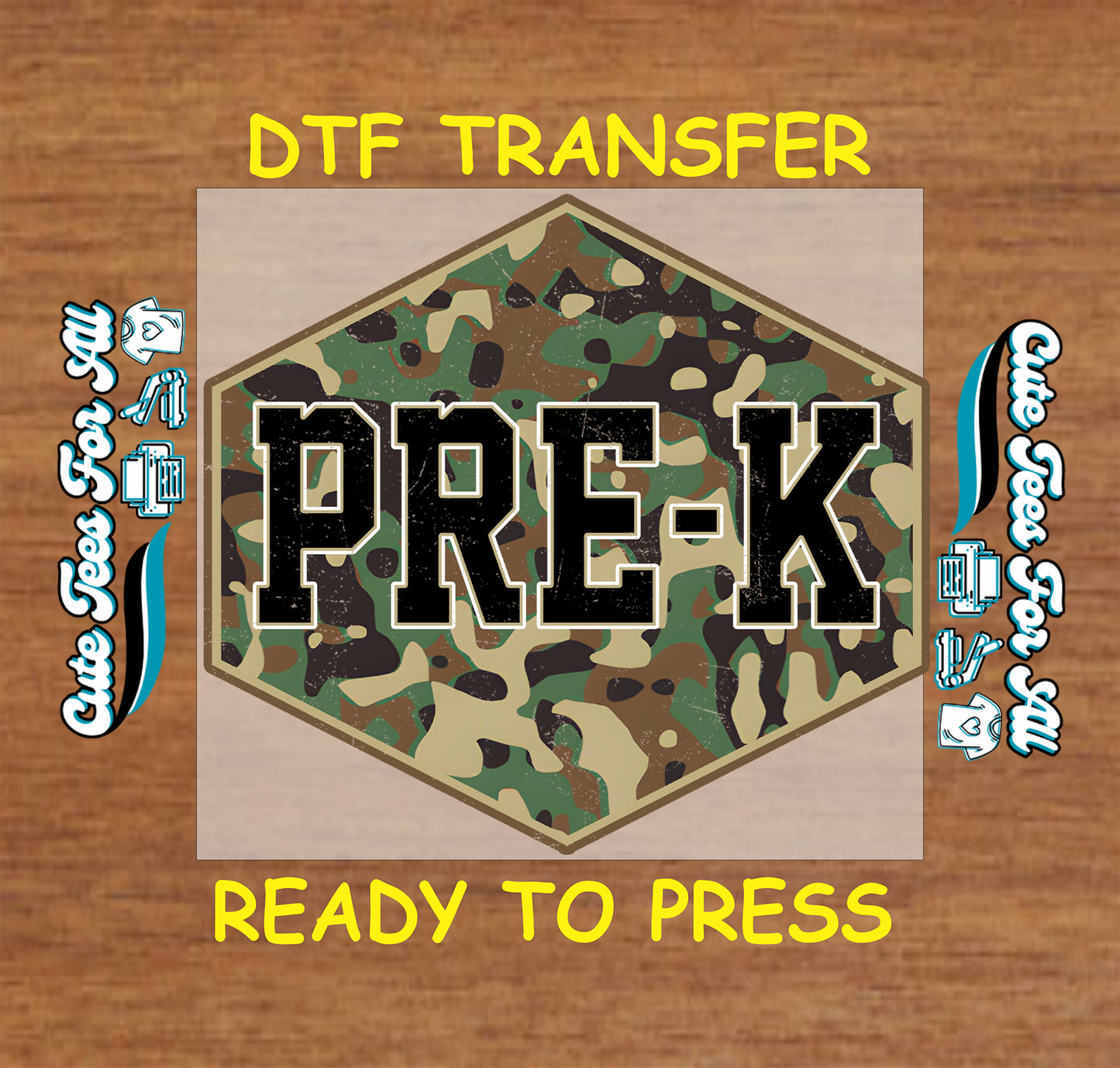 Camouflage 'PRE-K' design with text on a wooden background