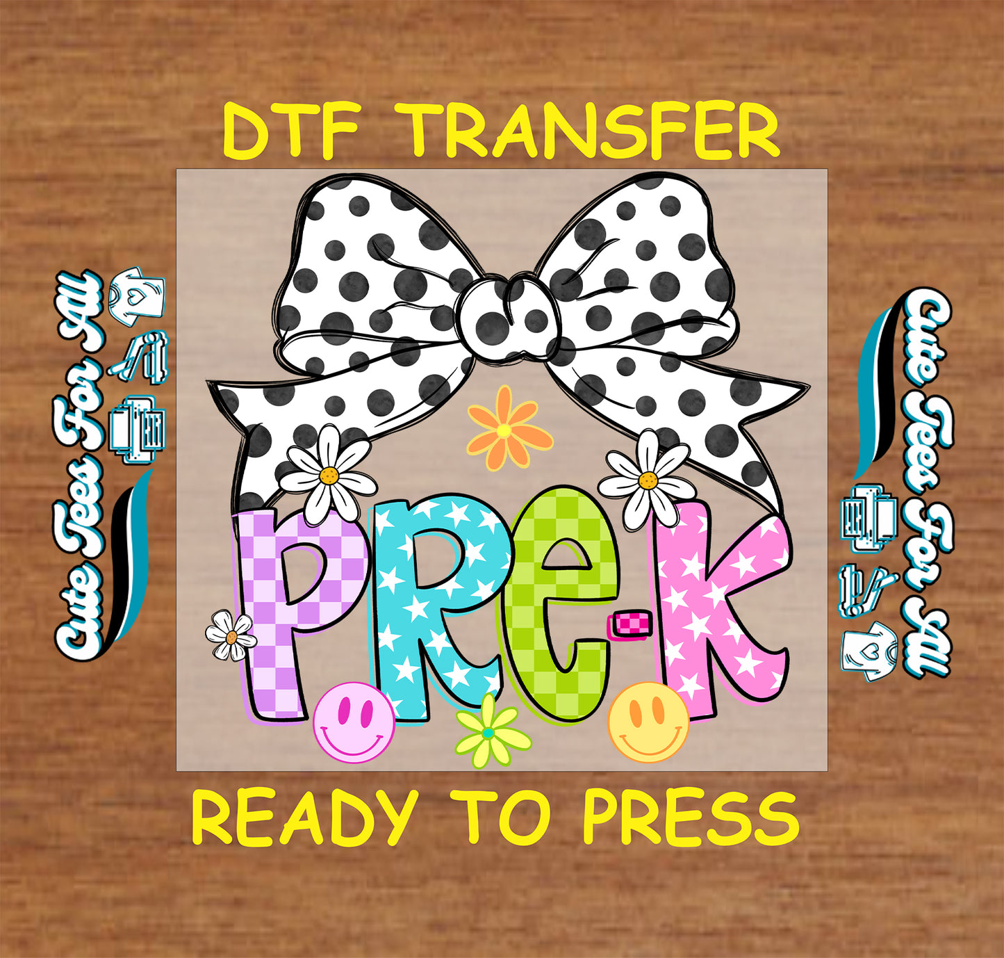 DTF transfer with polka dot bow and colorful letters on a wooden background