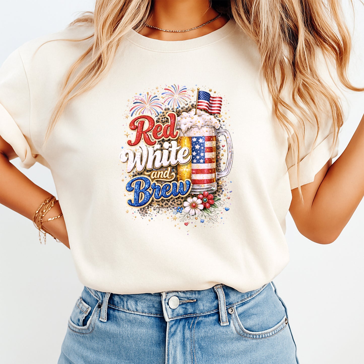 Fourth of July Red White and Brew DTF transfer mockup on cream shirt with patriotic beer mug, fireworks, flowers, stars, and red white blue party design.