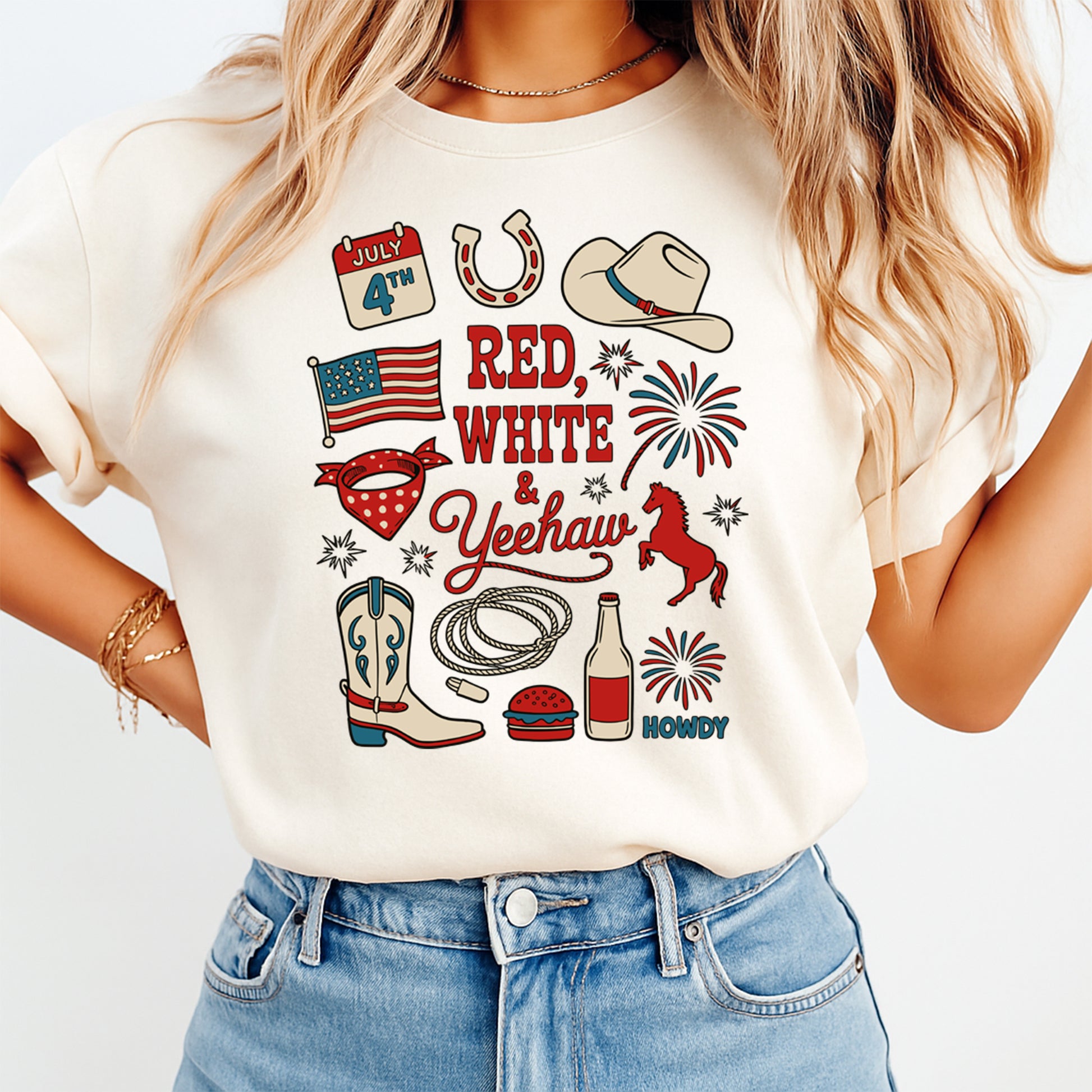 Person wearing a white t-shirt with 4th of July-themed graphics and text.