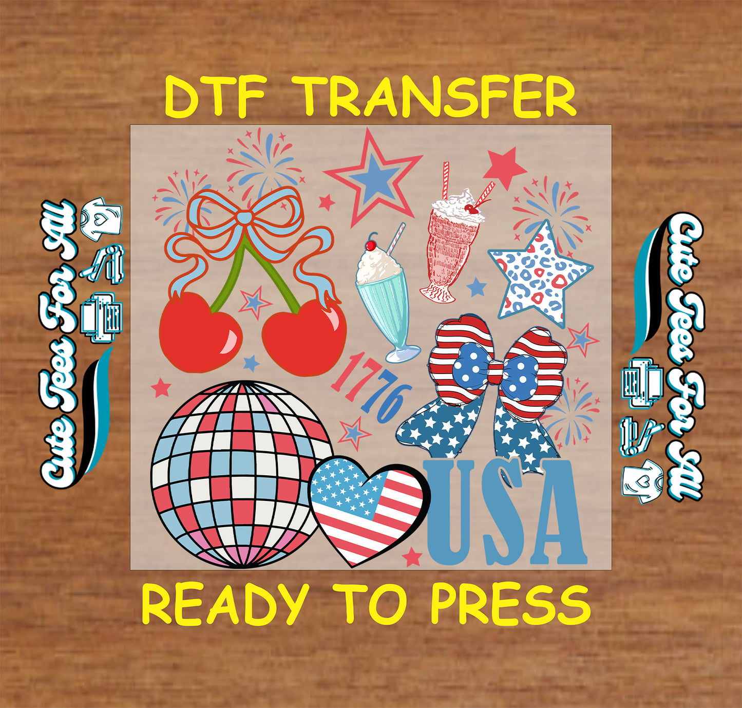 DTF transfer with patriotic graphics on a wooden surface
