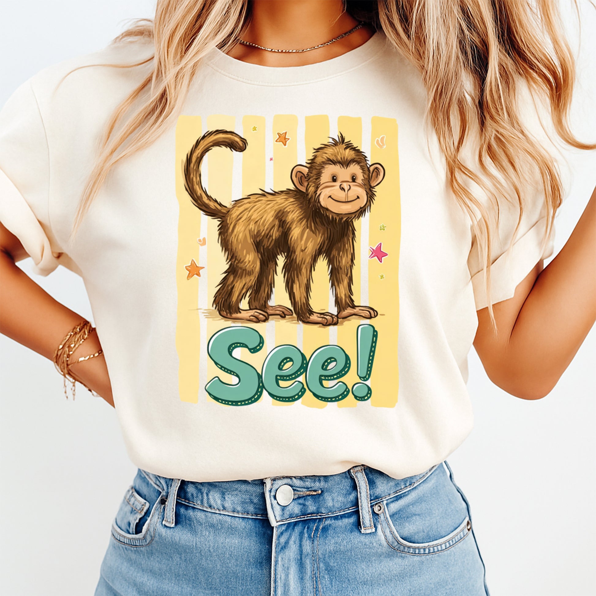 Funny monkey DTF transfer shirt with See cute animal design, ready to press heat transfer for DIY animal shirts