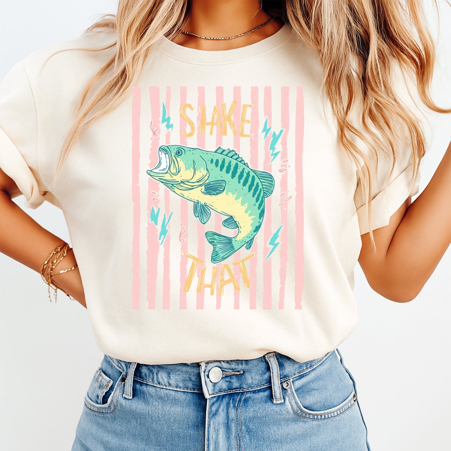 Funny fishing DTF transfer shirt with shake that bass fish design, ready to press heat transfer for DIY lake and fishing shirts