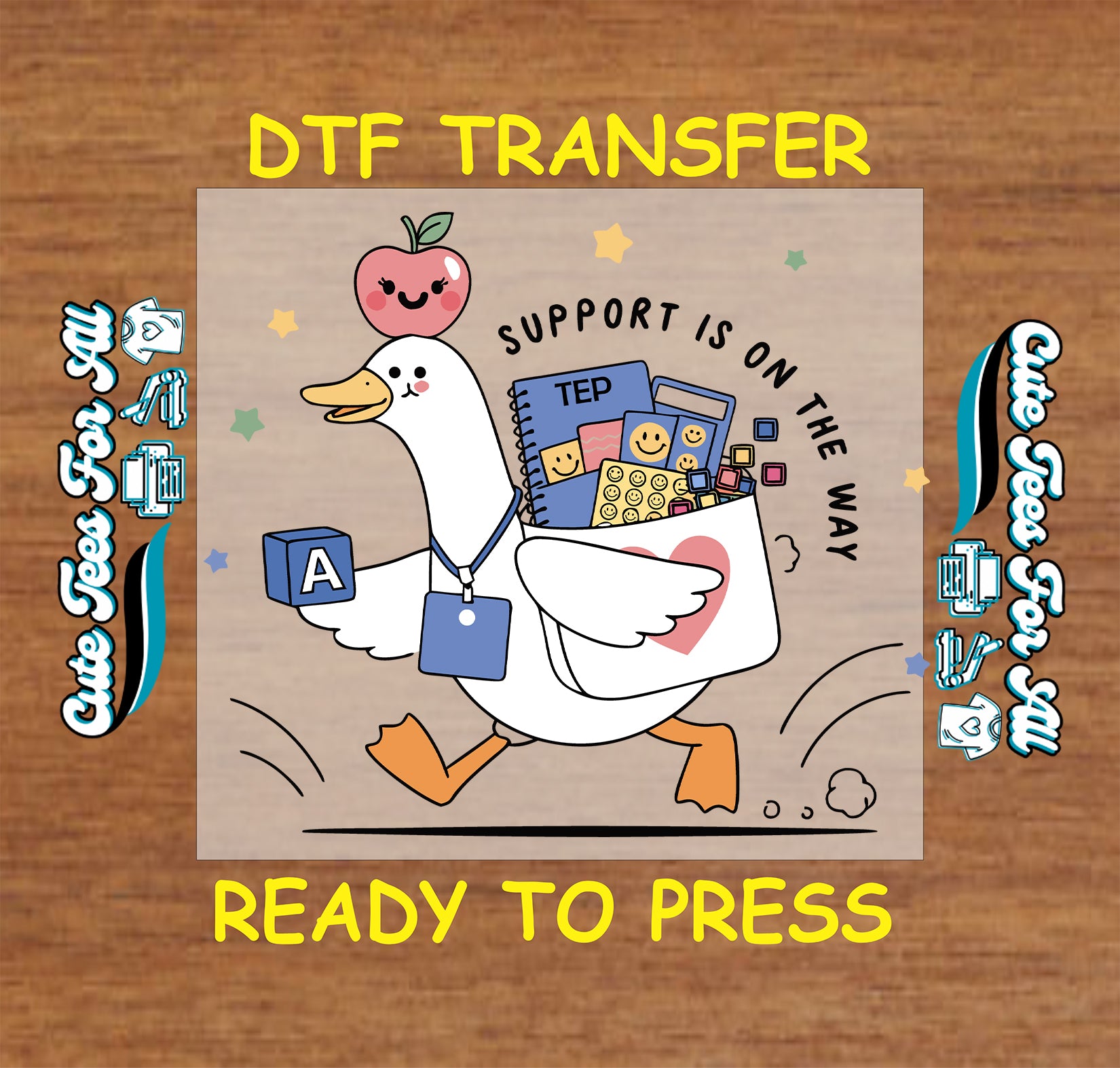 DTF transfer with cartoon goose holding educational items on a wooden background