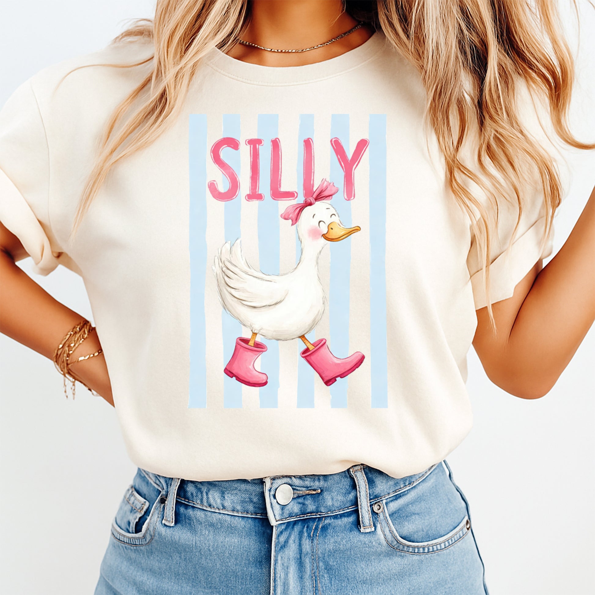 Silly goose DTF transfer shirt with cute duck boots and pink bow design, ready to press heat transfer for DIY animal shirts